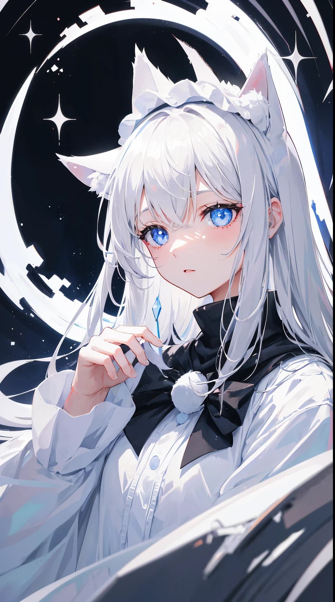 gray-haired girl, White cat ears, Wearing white witch hat, eBlue eyes