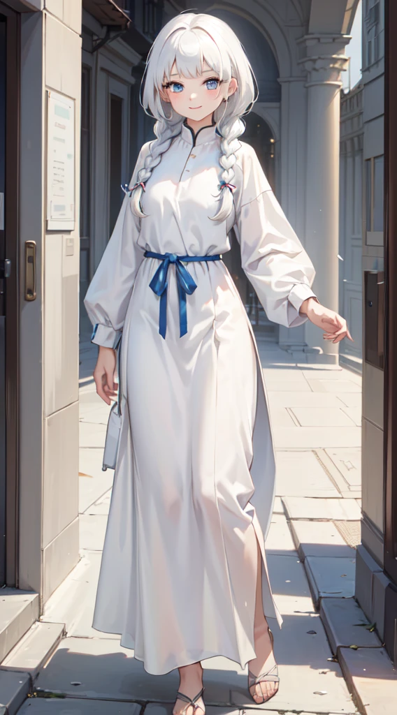 (best quality:1.2), (highres1.2), (clear1.2), (8k:1.2), masterpiece, (detailed:1.2), 1girl, beautiful eyes, beautiful lips, beautiful face, white hair, braid, short bangs, blue eyes, (thawb), smile, standing, full body, perfect proportion, slender body,