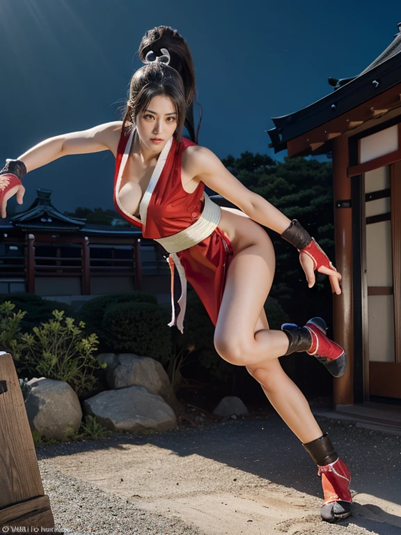 (mai shiranui:1.6), (tabi:2.0), (toe:1.2), (Full body portrait:1.8), Full body, (Realism), (masutepiece:2.0), (Best Quality), (ultra-detailliert:1.2), (8K, 4K, Convoluted), (Flat Lighting:1.2), (skinny), Prestige, Brown eyes, Long hair, brown eyes, long hair, brown hair, white ribbon, sleeveless, ponytail, sash, pelvic curtain, arm guards, gloves, tabi, fascinated expression, Sexy eyes, slim, medium breasts, Smile, Cute, view the viewer, Long hair, Close to Japan temple, (breasts focus:1.2), (Realistic:1.2), (Full Shot: 1.2), (85 mm), light Particle, Lighting, (Highly detailed:1.2), (Detailed face:1.2), (gradients), SFV, Colorful, (Detailed eyes:1.2), (Detailed temples of Japan: 1.2),(Detailed background), (Dynamic Angle:1.2), (Line of action:1.2), Wide Shot, Daylight, Solo.