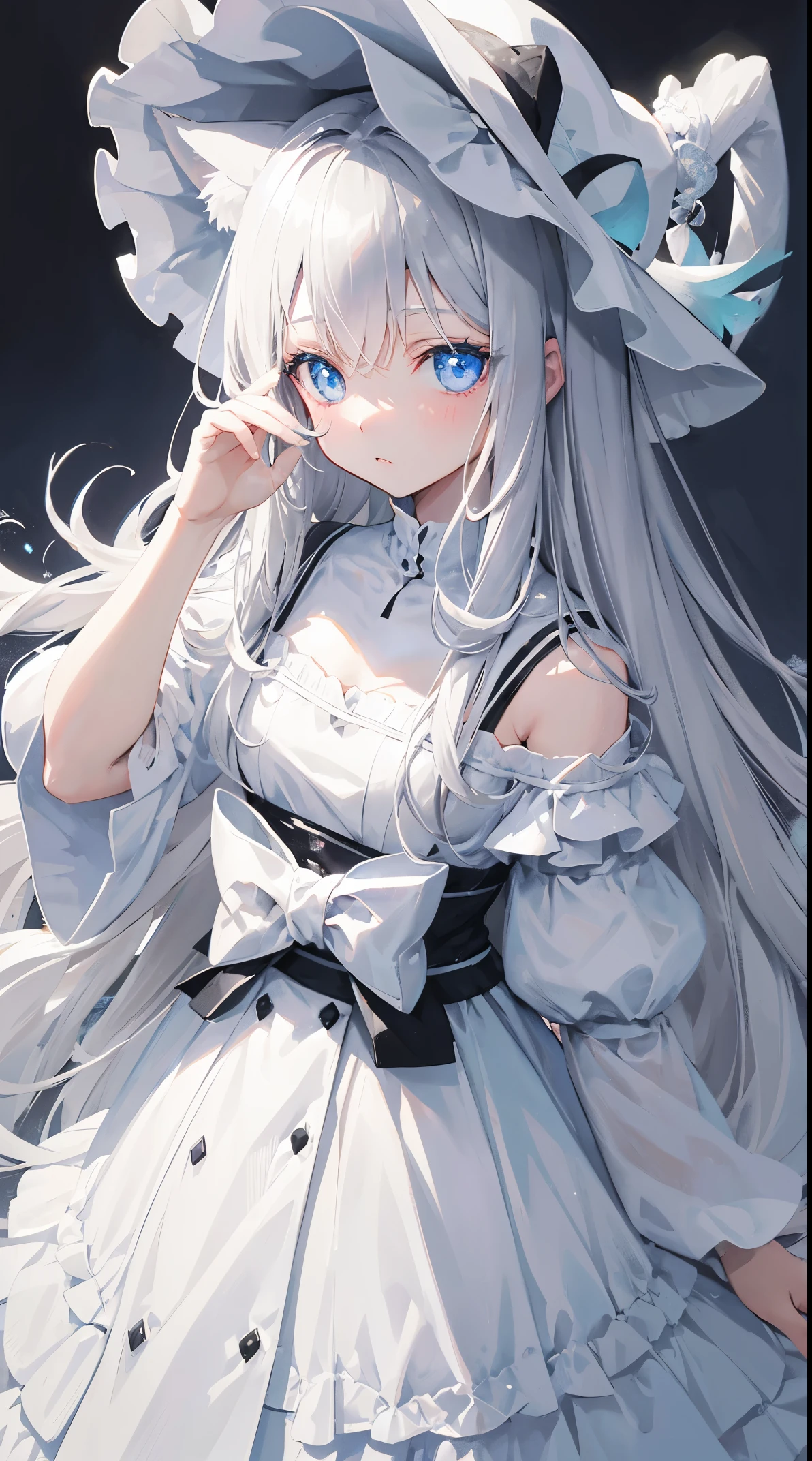 gray-haired girl, White cat ears, Wearing white witch hat, eBlue eyes