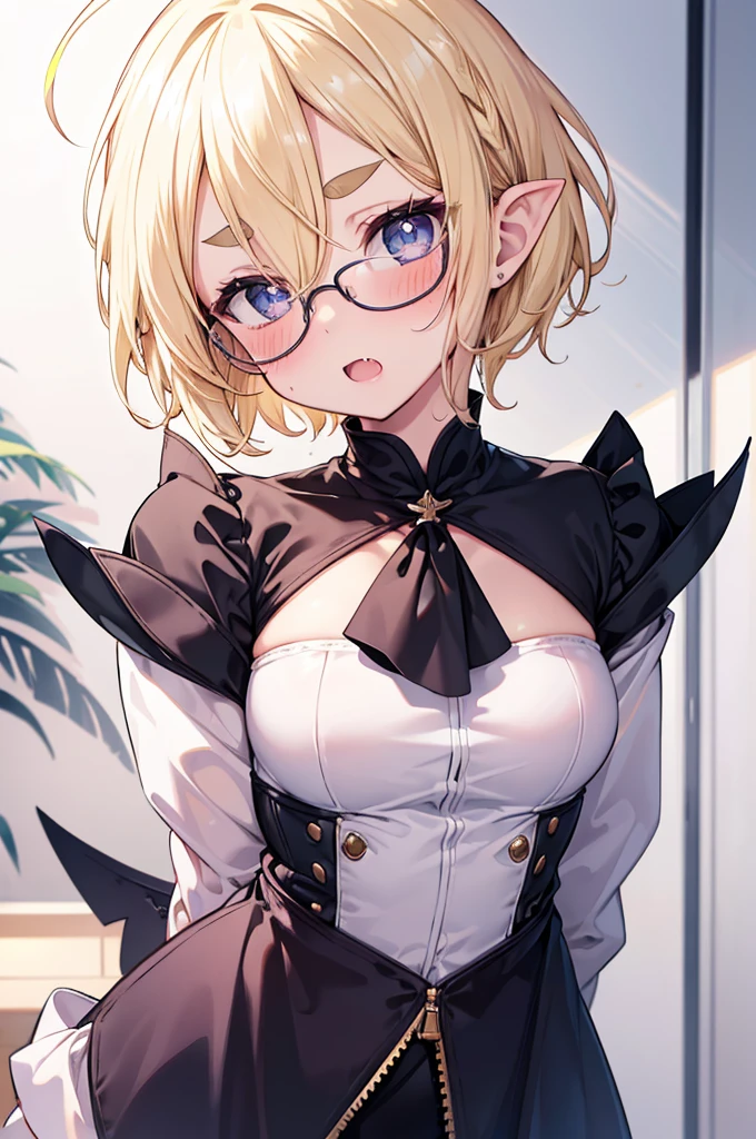 ultra detailed, best quality, high resolution, ((16k)), ((1girl)), pale skin, petite, (glossy blonde hair:1.5), ((very short hair:1.5)), (ahoge:1.3), (glasses), pointy ears, (blush:1.5), blue eyes, medium breasts, cowboy shot, ((fang:1.5)), open mouth, ((forehead:1.3)), (thick eyebrows:1.3), ((nsfw)), ((nude))