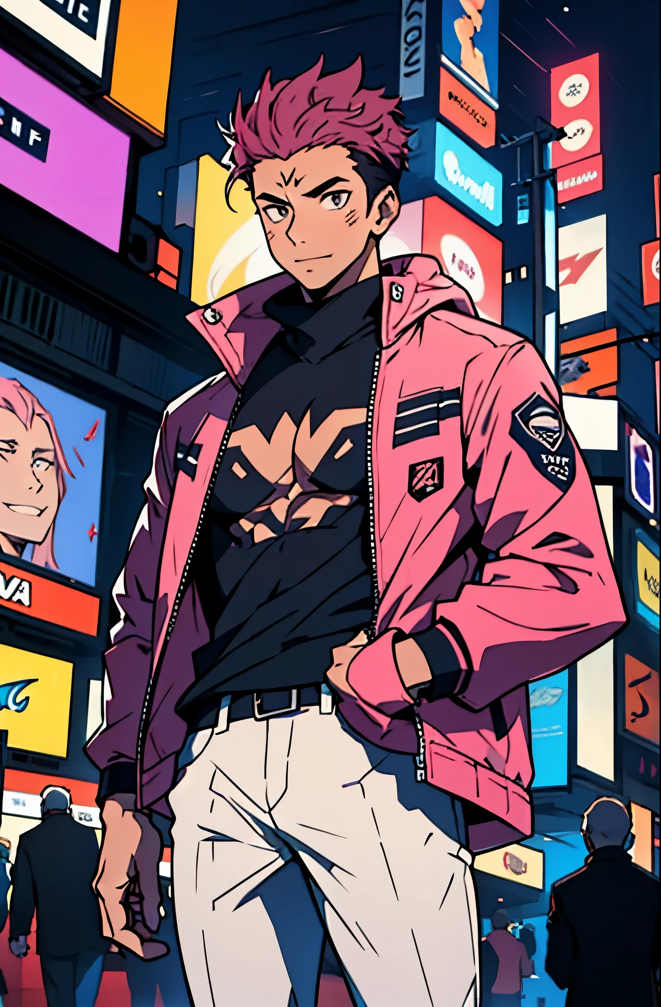 A mais alta qualidade, 8K, image high resolution, good ilumination, sombras detalhadas, Detailed strokes, no meio de uma avenida movimentada estilo Times Square de noite , inverno, apoiado em um dos postes, adolecente, Yuji Itadori, Dark Pink Hair , wearing a cold jacket , masculo , Tight chest in jacket , (angulo de baixo), (Angulo de Perto), pernas definidas, defined arms, com a camisa,