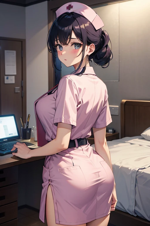 (masterpiece, best quality:1.2), 1 girl, alone , sexy , cowboy shot, black hair ,hair bun, solo, nurse, nurse cap, pink wear,(nurse uniform), ((white legwear)), standing, ((hospital room)), sharp outline, short sleeves, from behind , looking at viewer