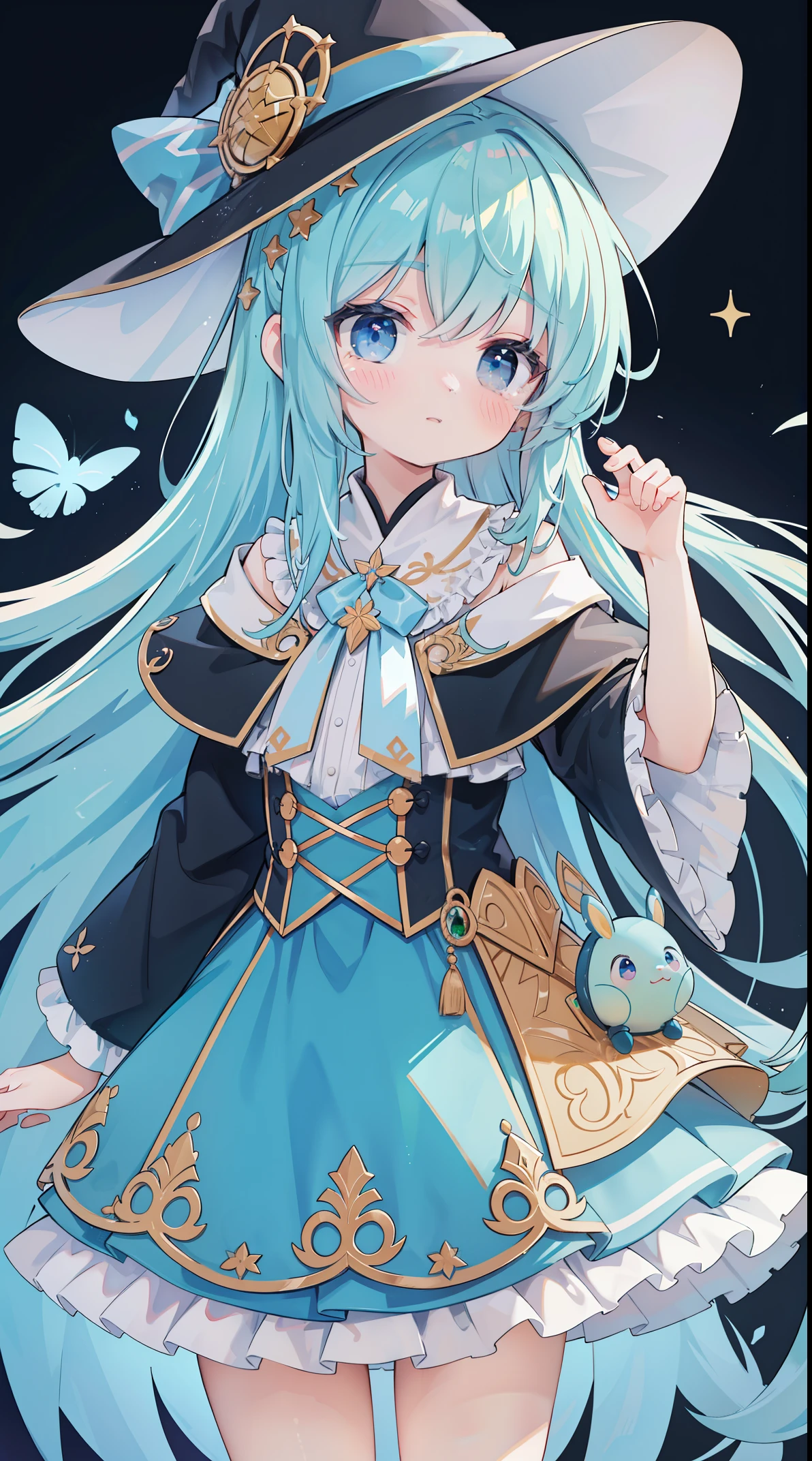 extremely detaild的 CG unified 8k wallpapers, very fine 8KCG wallpapers, hoang lap,Show on the ,Best quality at best ,ultra - detailed ,pretty face ,masterpiece、masterpiece、image quality、quality、lightblue hair、Light blue witch costume、a witch's hat、Light blue face、twosideup、light blue eyes、Cute Turtle