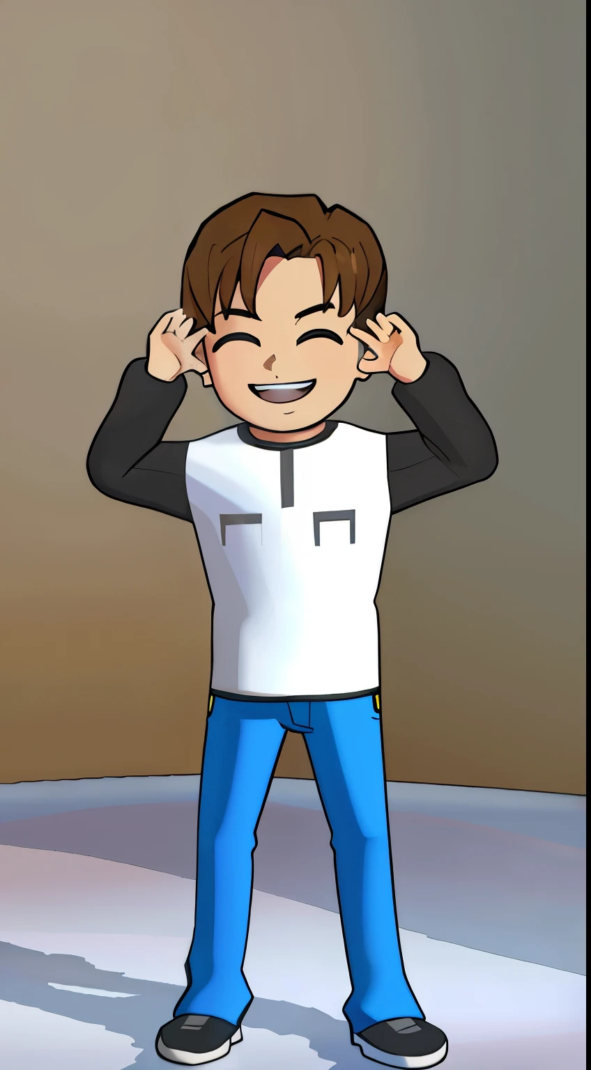 cartoon boy with hands on his head and hands on his head, upper body avatar, toon rendering, upper body 2d game avatar, casual pose, 3 d demo reel avatar, satisfied pose, roblox avatar, distorted pose, cel shaded!!!, live2d virtual youtuber model, bryce 3 d style, modeled in poser, pose(arms up + happy)