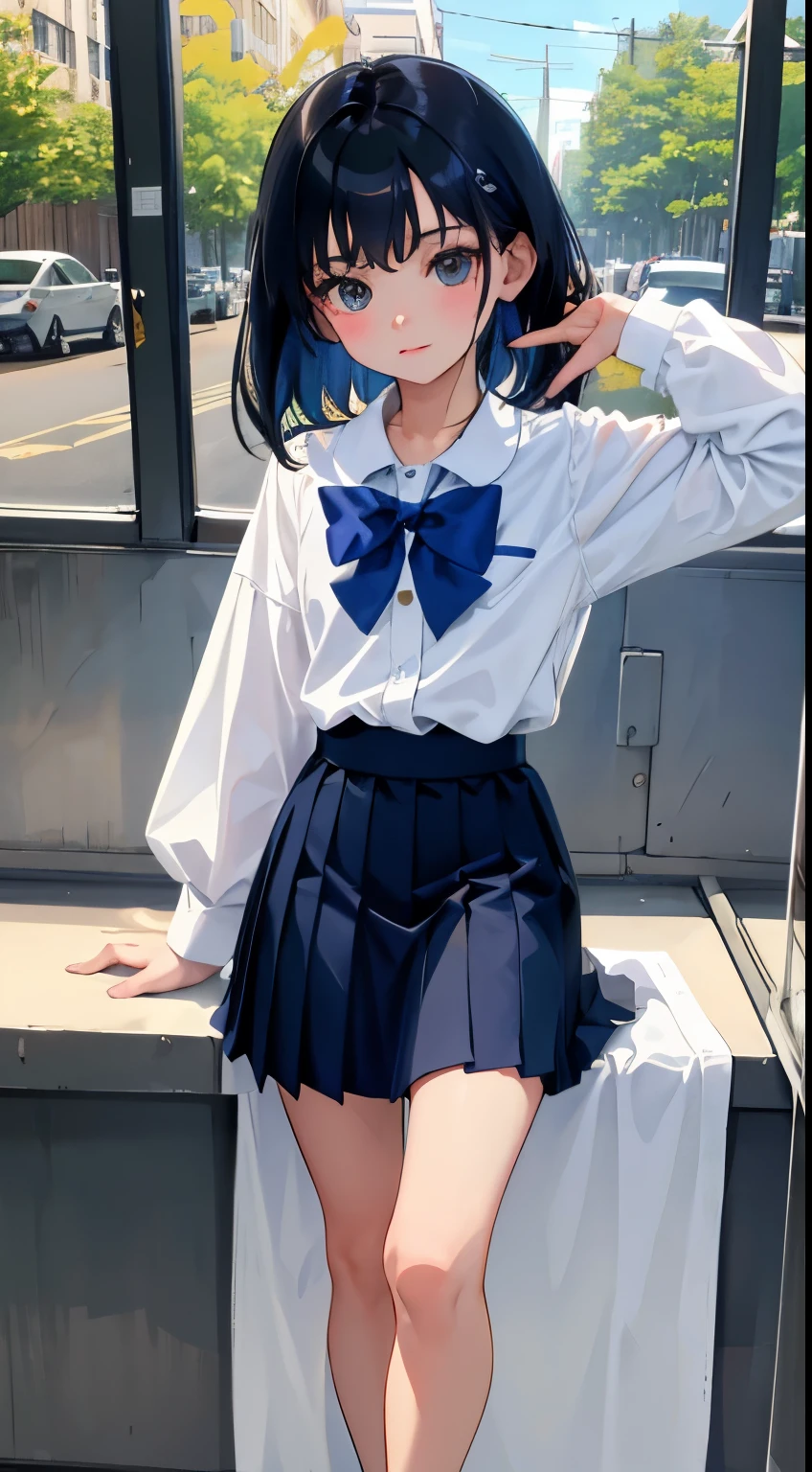 full bodyesbian，()，（​masterpiece，Highest Quality），shortsleeves，Dark blue pleated skirt，A dark-haired，Summer Classroom