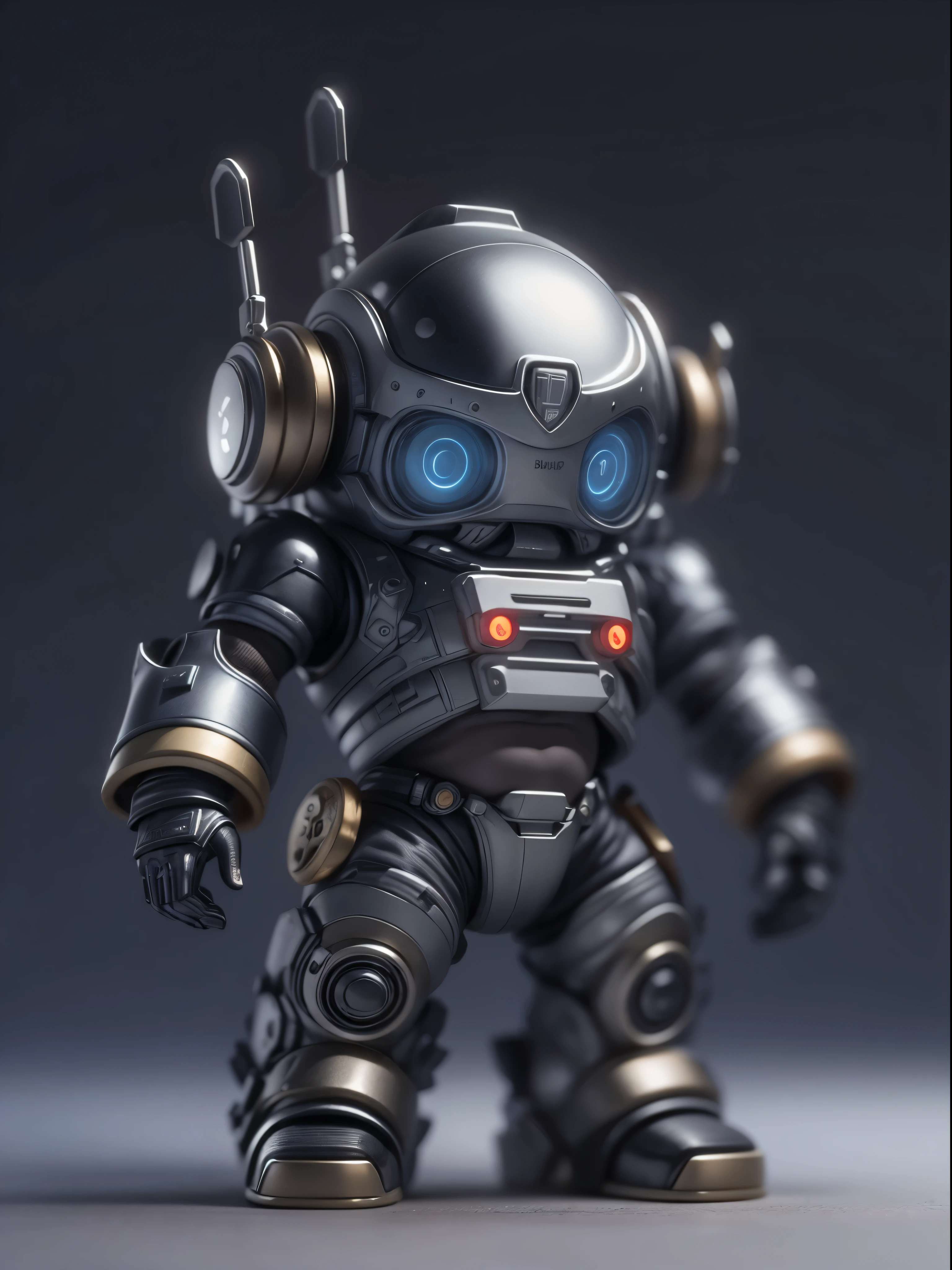 (Blind box toy style:1.2), (Full body photo) , 1 cute fat metal male engineer, Metal mech,Metal opaque helmet, cyber punk personage, dreamy glow, Clean, Black draft,white and black style, ( globalillumination, ray traycing, HighDynamicRange, unreal render,Reasonable design, high detal, tmasterpiece, Best quality at best, hyper HD, 电影灯光),Purple metal