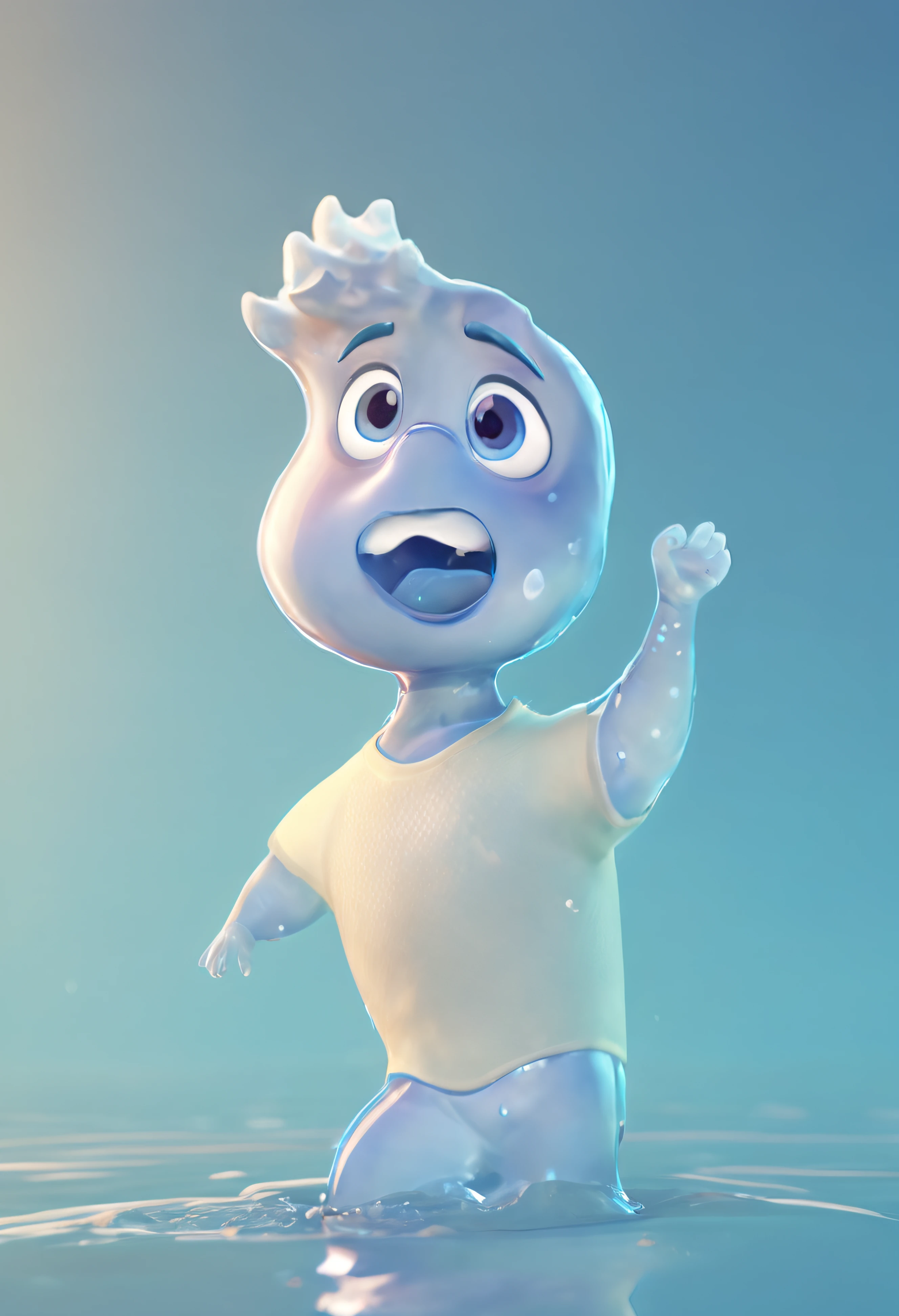 concept art wade portrait, small cute chibi wade, digital artwork, close up portrait, holding hands up, raising hands to the side, view from the side, (side view render), scared, fear, posing like running from something, RAISING ARMS UP TO THE SIDE,lean to the left side, blue background, high detailed water texture, (blue) rim light, vivid saturation render, pure blue background