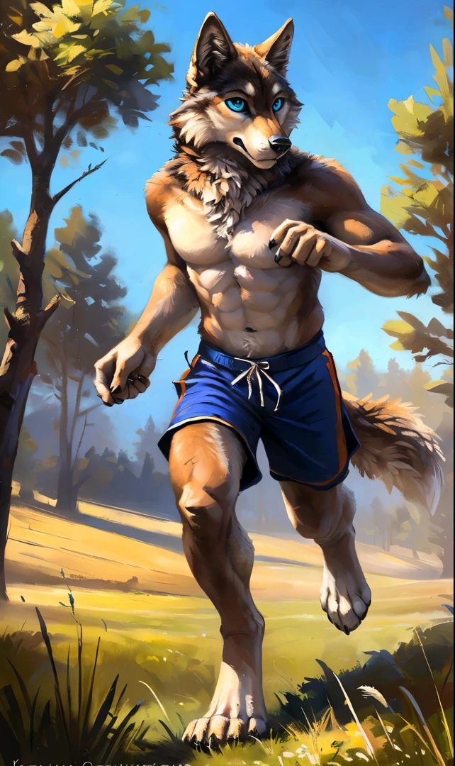 ((Solo)), male people, anthro wolf, (Multi-colored fur, White-brown:1.3，White tail pointed), (Height 2.1m,Tail length 1.2m), ((Wolf face, Big eyes, White eyelids, Blue pupil, Slim:1.2) (Tough, Calm expression:1.2)), Abs, Slim, pinging)), (Correct anatomy), (Work shorts:1.1), The upper body  naked, (detailed outfits),A long big tail，Feet，(Realistic fur, Detailed fur texture, labeled:1.3)), (Natural lighting), Photorealistic, Hyperrealistic, ultradetailed, by Kenket，Field，erect through，Running on