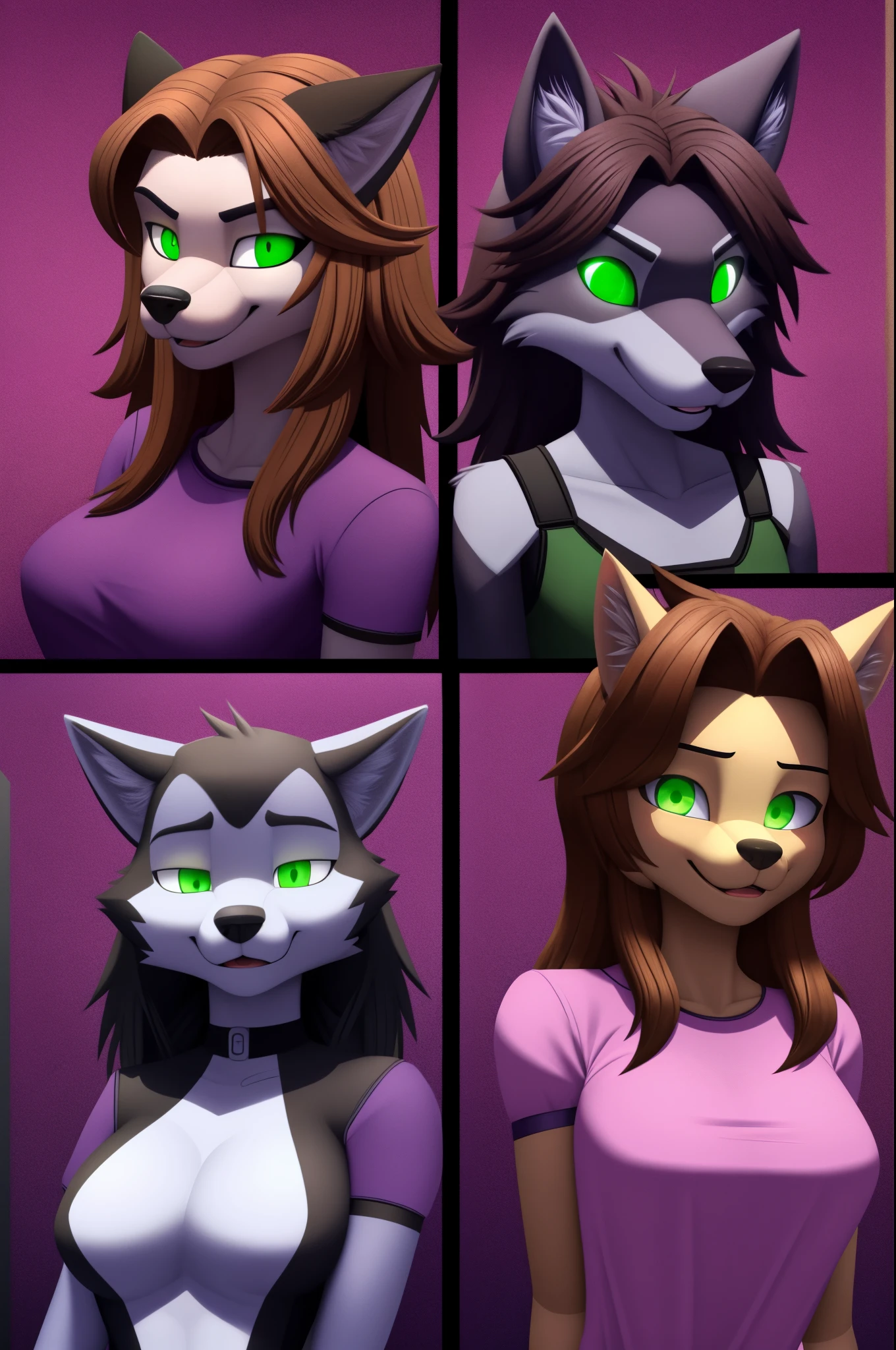 Mass-produced android housewife, wolf anthro, brown hair, green eyes, glowing eyes, purple shirt, 3D Disney style