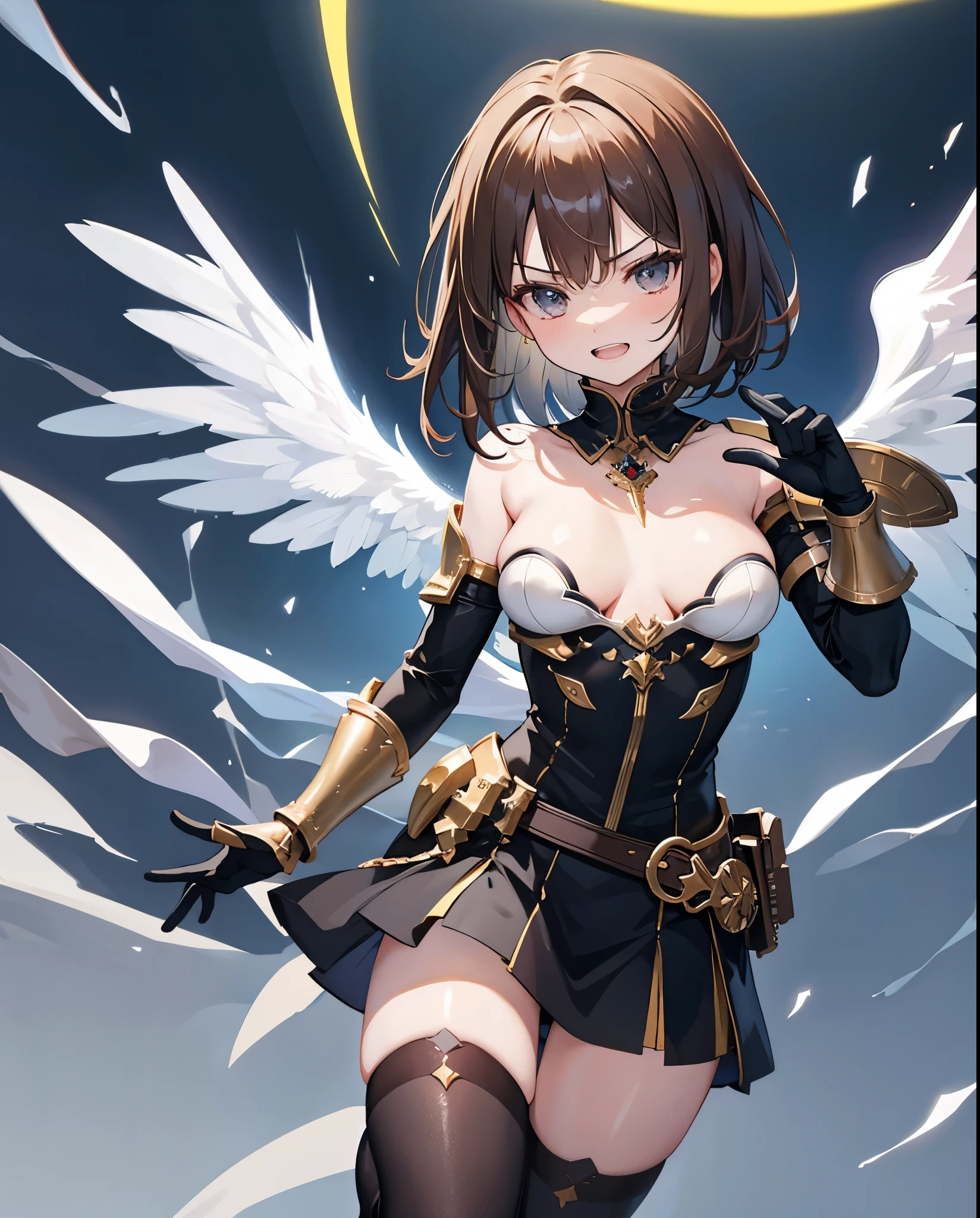 fantasy, 1angel_girl, loli,bwn_hair, medium_bob_hair, long_bangs, halo,bare_shoulder,thighhighs,silver_armor, waist_armor, large_breasts,angry,grinning,open_mouth_teeth, 1pair_wings, dynamic_pose_fighting,floating, bare_crotch, headgear,gauntlet, greaves,city_sky_background,slightly_spread_legs, solo, groin_naked,
