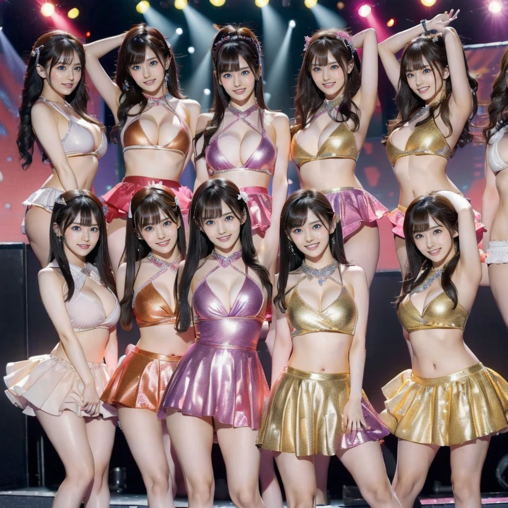 Raw photo、(((multiple girls))),((((6+girls)))),Women only、100 idols singing and dancing on stage、,japanes、((Same height))、The same face,((A dark-haired)),Longhaire