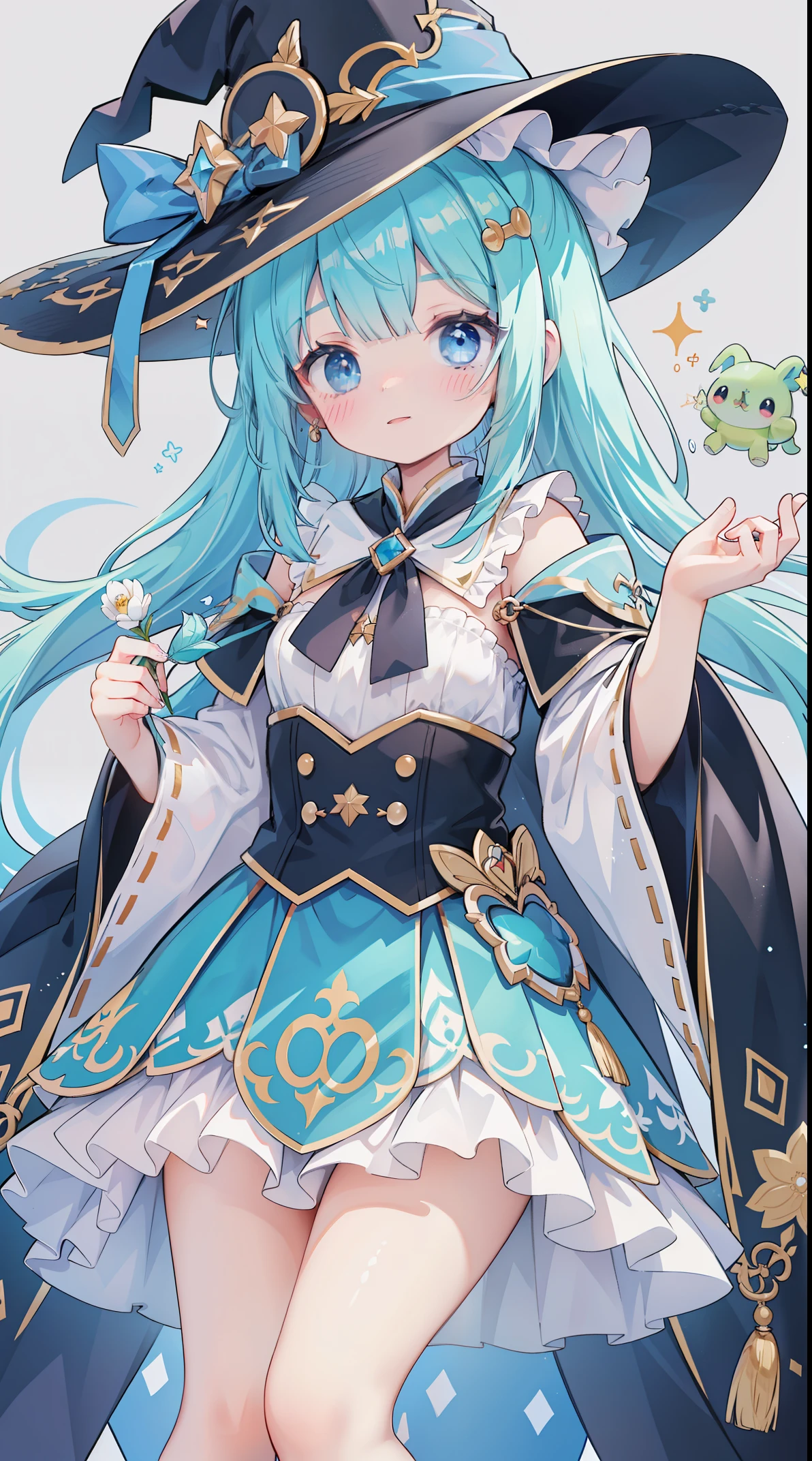 extremely detaild的 CG unified 8k wallpapers, very fine 8KCG wallpapers, hoang lap,Show on the ,Best quality at best ,ultra - detailed ,pretty face ,masterpiece、masterpiece、image quality、quality、lightblue hair、Light blue witch costume、a witch's hat、Light blue face、twosideup、light blue eyes、Cute Turtle