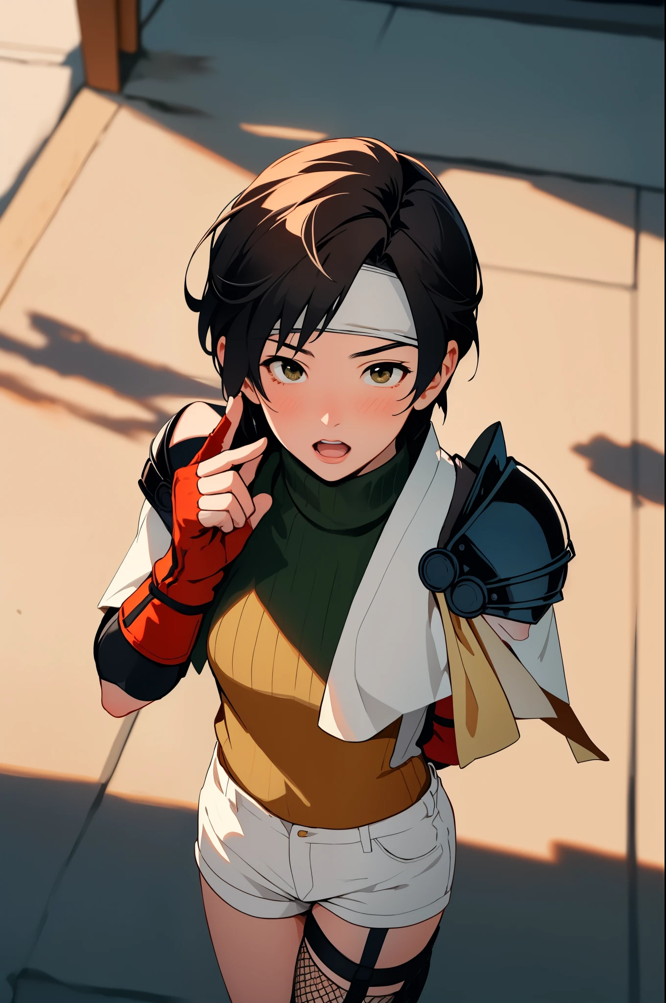 masterpiece, best quality, yuffie kisaragi, headband, sleeveless turtleneck, shoulder armor, armguard, fingerless gloves, tan shorts, single thighhigh, fishnets, cowboy shot, pov, blushing, furrowed brow, clenched fists, own hands together, open mouth, from above, traditional japanese architecture