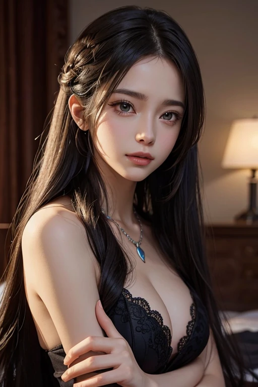 close-up of woman, Realistic, Tipha Lockhart in Final Fantasy, Long hair, Hold Hair, on the beds, medium breasts, Detailed face, 4k画质, cleavage, Detailed eyes, Eyelashes, Perfect makeup, , ties,