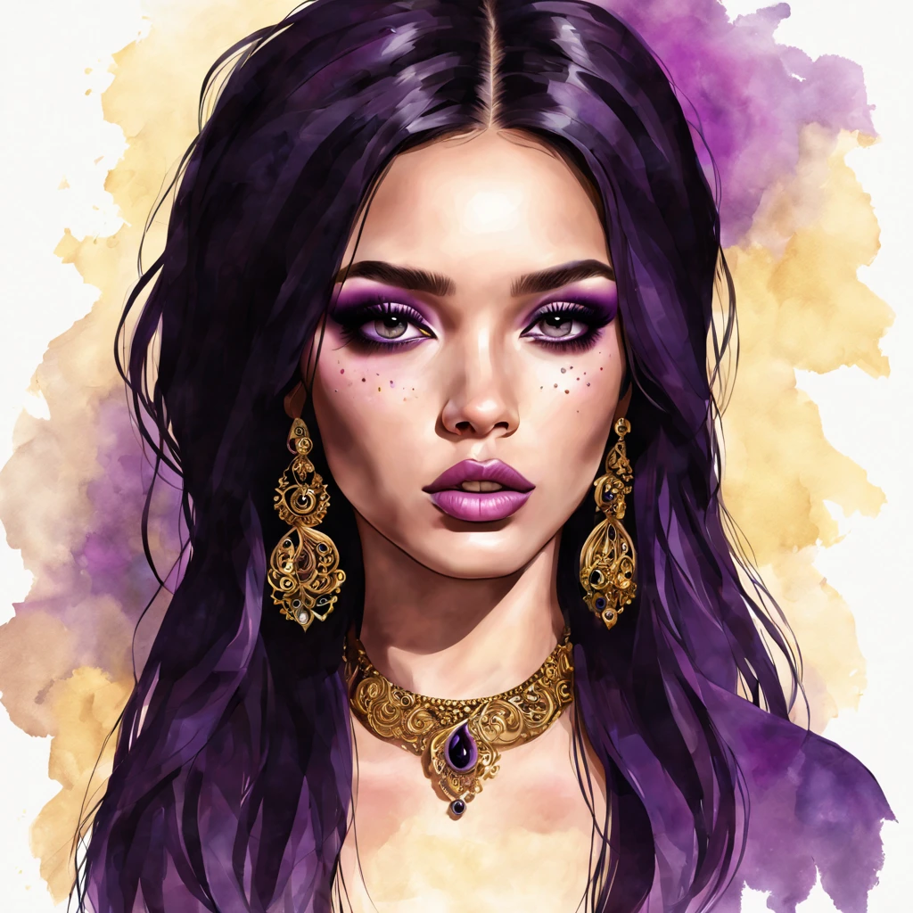 Beautiful girl, luxury makeup, long hair, beautiful, bohemian, chic, realistic, Dolce&Gabbana style, African style, black, purple, gold, gems, smoke, swirls, filigree, octane
