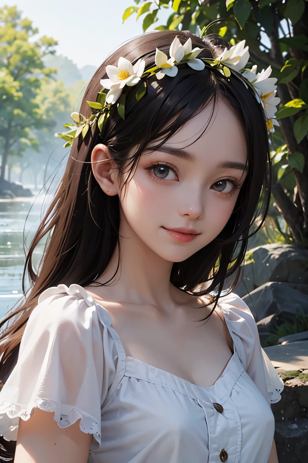 very cute and beautiful girl,white sun dress with detailed frills,(highly detailed beautiful face and eyes:1.2),
cowboy shot,(smile:1.3),black hair,flower crown,
(standing by water spring in forest),fog,fantastic stone monument,detailed landscape,
(best quality,masterpiece:1.2),(intricate details),extremely detailed,highres,solo,
cinematic lighting,dim light,dynamic angle,hair fluttering in the wind,