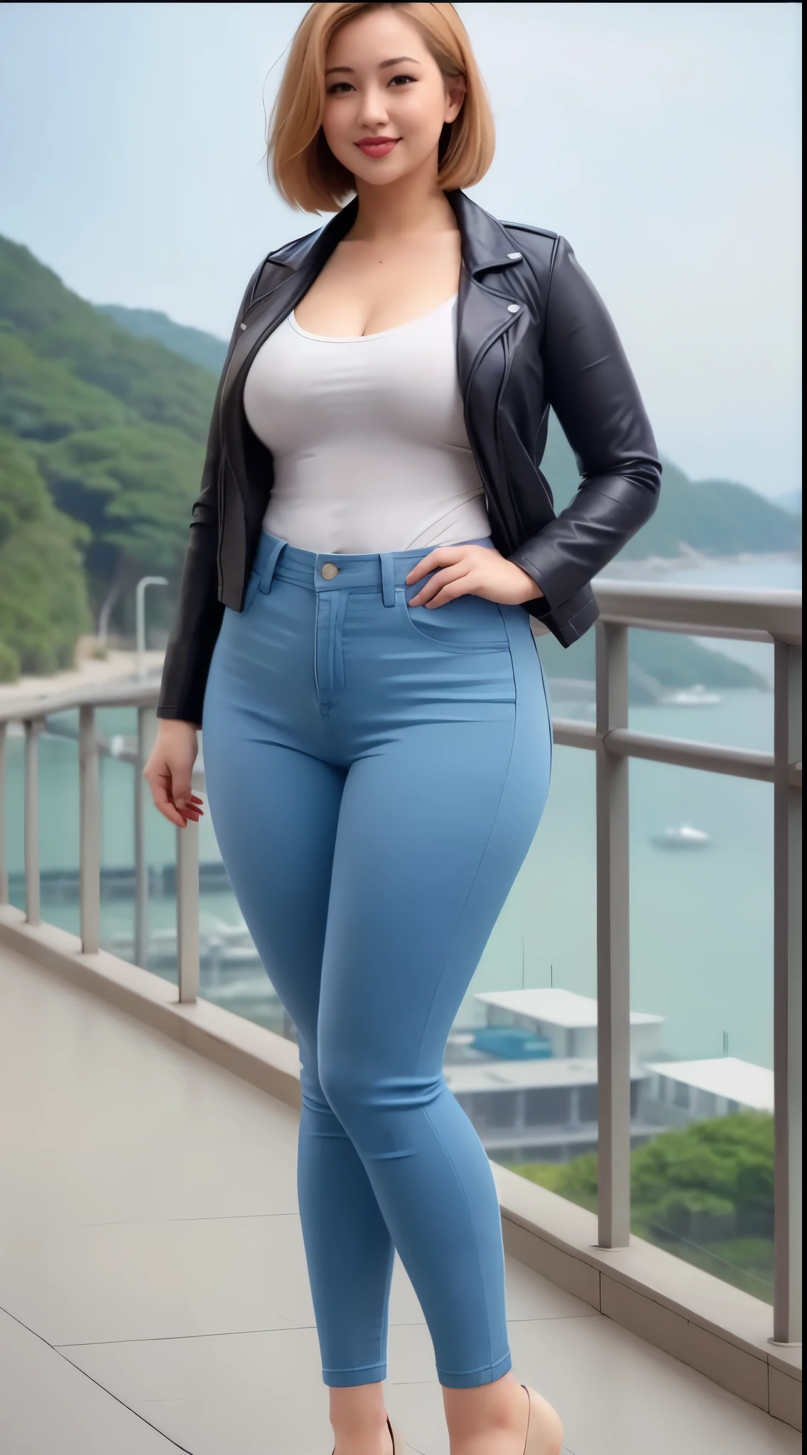 A woman wearing a white top and blue jeans poses for a photo, She has a wobbly chubby round belly, Thin waist and thick hips, beautiful thick female, 穿着tightsuit服, thicc, Super realistic full picture, thick thight, of plus size models, attractive feminine curves, plus size women, Hourglass figure, tightsuit