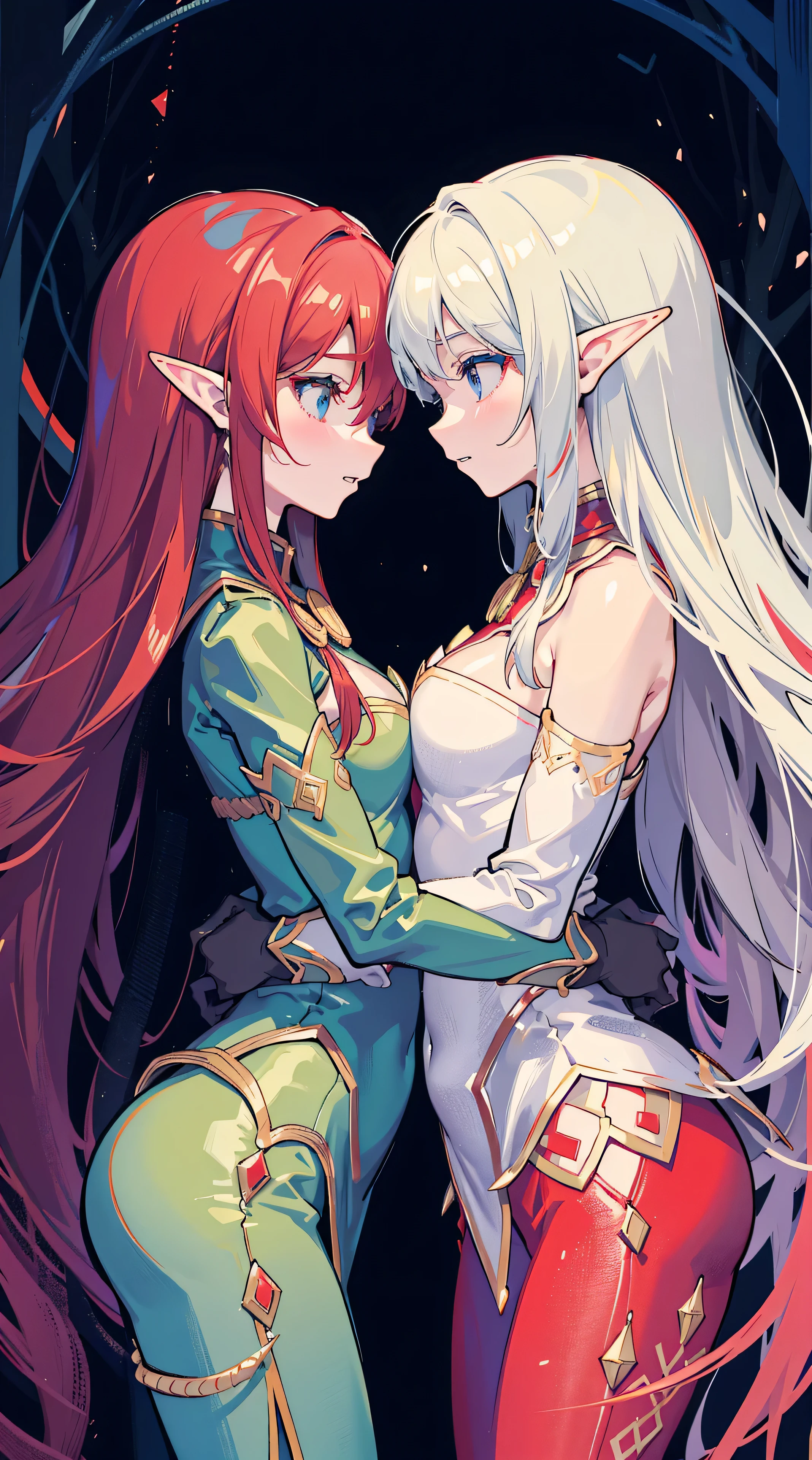 Two female elves,Absolutely beautiful,One blue and one red,Hold each other,The two bodies are close together,Kiss,at a forest