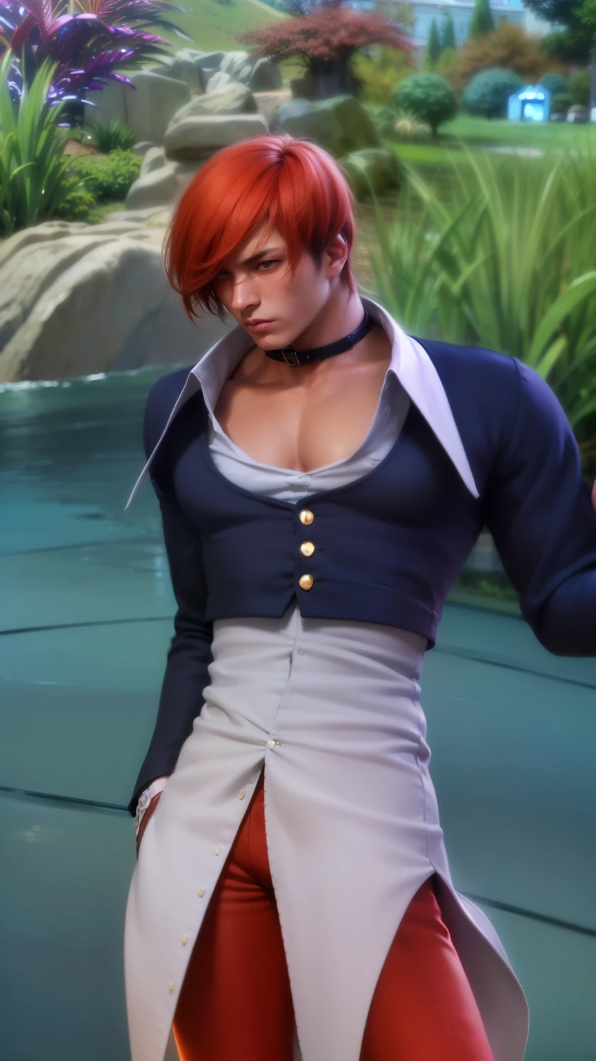 masculine male, masterpiece, ((perfect eyeest quality, (semirealism:1.9), beautiful lighting, (extremely detailed CG unity 4k fhd wallpaper), High Detail, Sharp focus, dramatic outdoors, 1 boy ,19 years old, red hair, light purpel eyes.