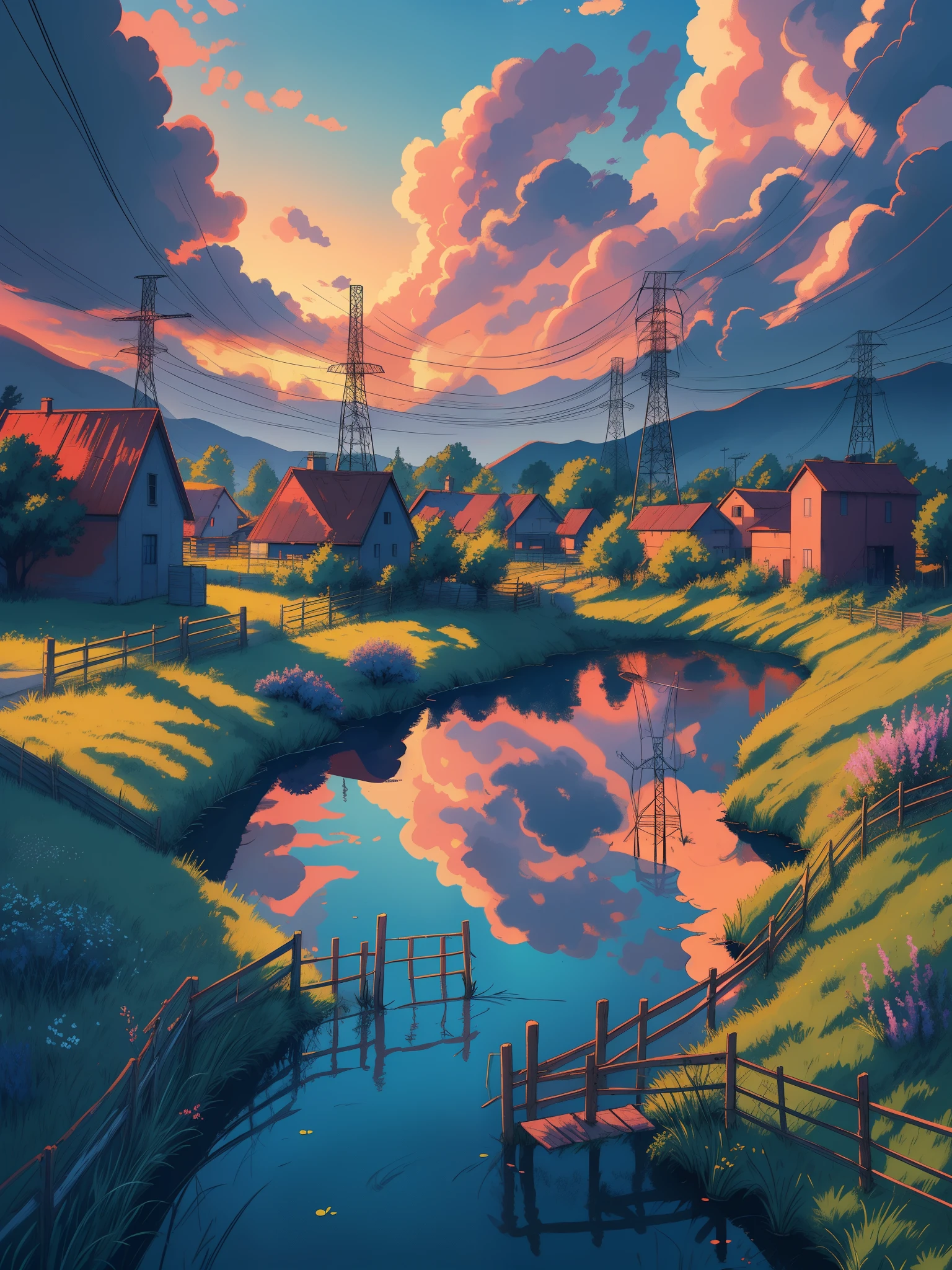 Draw anime lofi aerial scene pond in grassland, reflection, fencing, electricity towers, village life, wildflowers, natural color tones, sunset tones, cloudy blue sky, beautiful color palette, vibrant saturated colors, masterpiece, no human