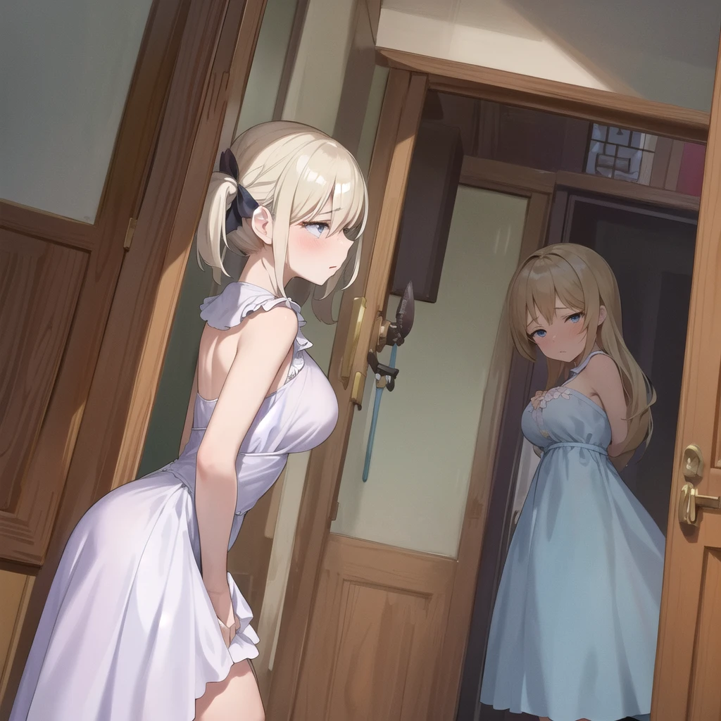 Tears well up in Emily's eyes as she lifts the fabric of her dress, revealing her breasts with a profound sense of shame. She fights back tears as she exposes herself against her will, feeling violated by the ???'s powerful influence.