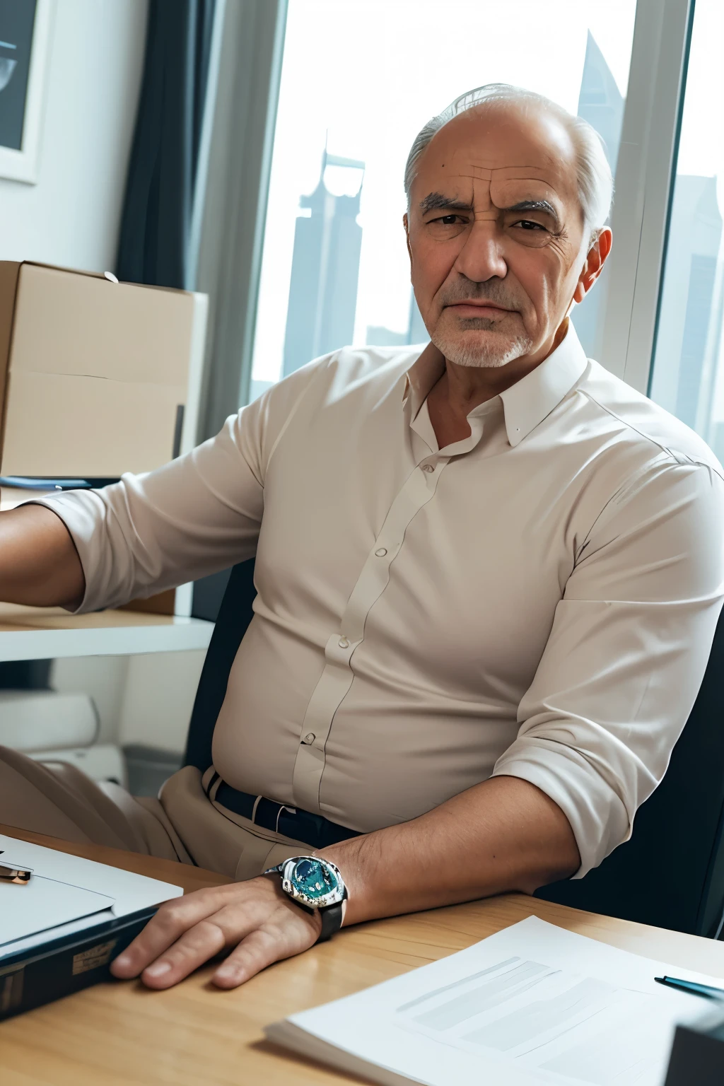 Bust of a old man entrepreneur sitting behind a very close office and made with a rolex on the wrist and a square jaw with a little badly shaved in front of a window with a view of very chic Dubai buldings
