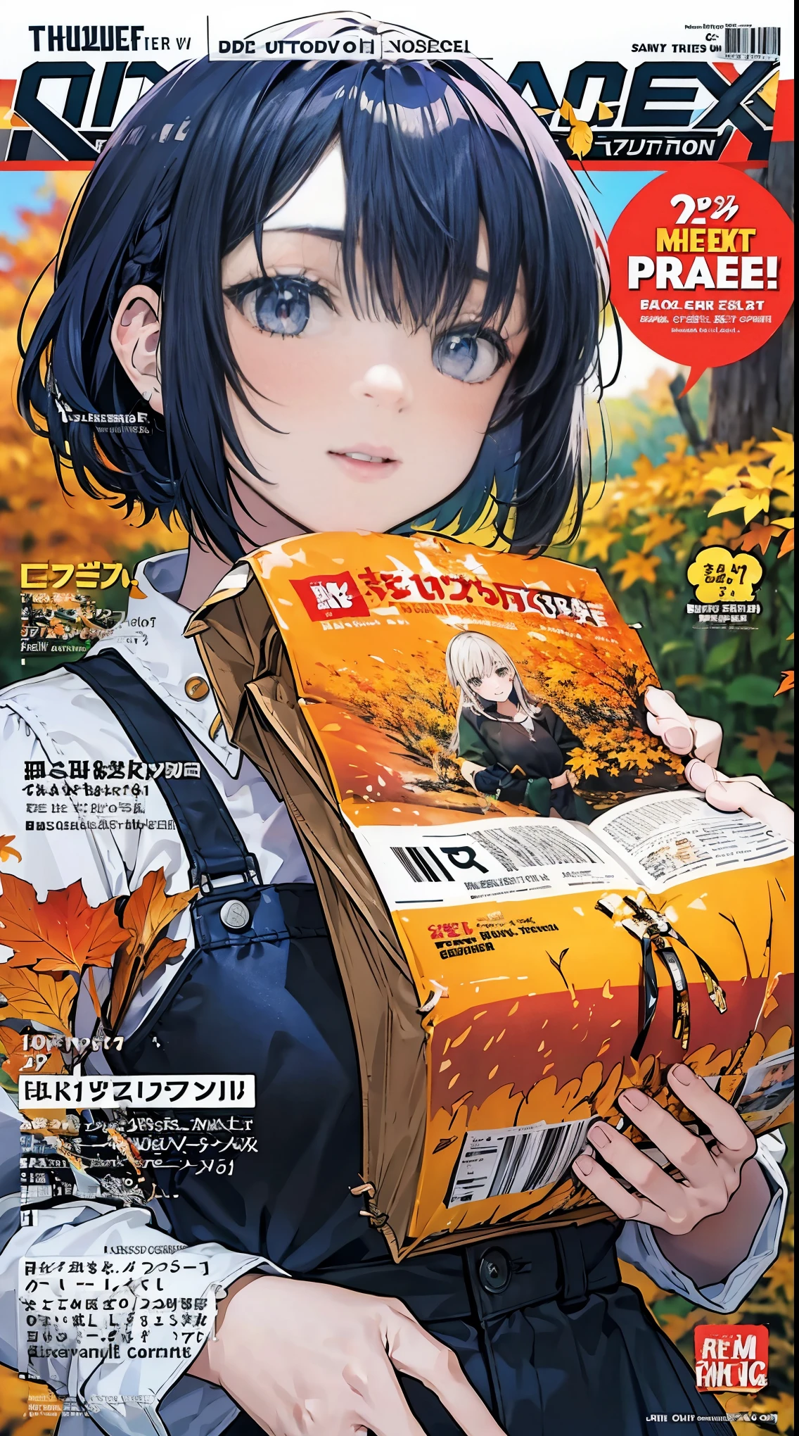 The masterpiece,Need,autumn,Text,text box,Colorful hair,outdoor,magazine cover,autumn theme,Complex covers