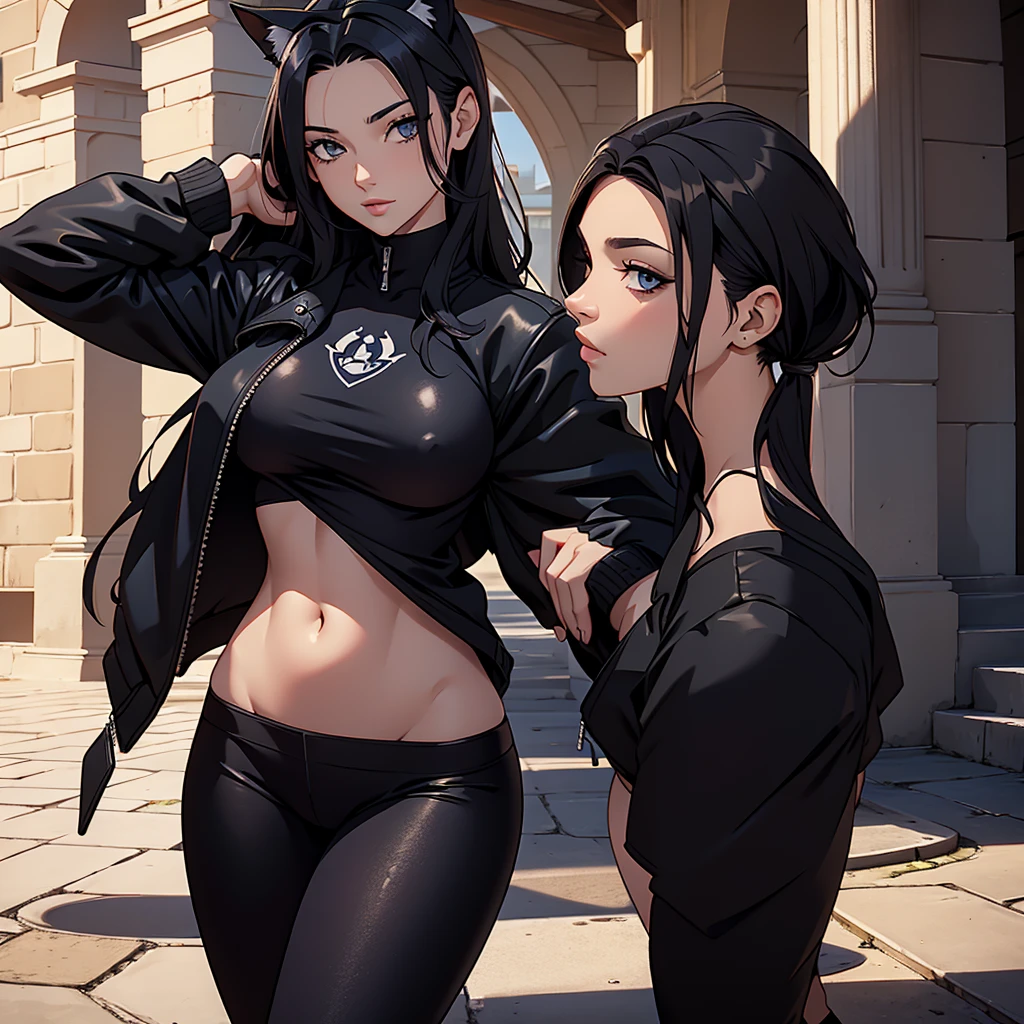 beautiful young female warrior fighter with cat ears on her head, com rosto bem detalhado e bonito, belos olhos, belos olhos, rosto lindo, beautiful young woman wearing long black leggings with black details, mini saia curta, usando jaqueta de couro preta, standing in a castle, usando bota preta, cabelo comprido com franja preto, ,orelhas de gato, belo sorriso, tomboy, um pouco musculosa,suter branco com cinta em volta, olhar serio,usando jaqueta de couro preto, com ombreiras de prata nos ombros, leather jacket