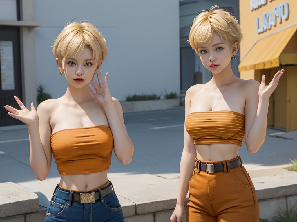 masterpiece, best quality, 1girl,solo,panchy, short hair,blonde hair,orange shirt, strapless, belt, blue pants, happy, closed mouth, medium breasts, waving with right hand