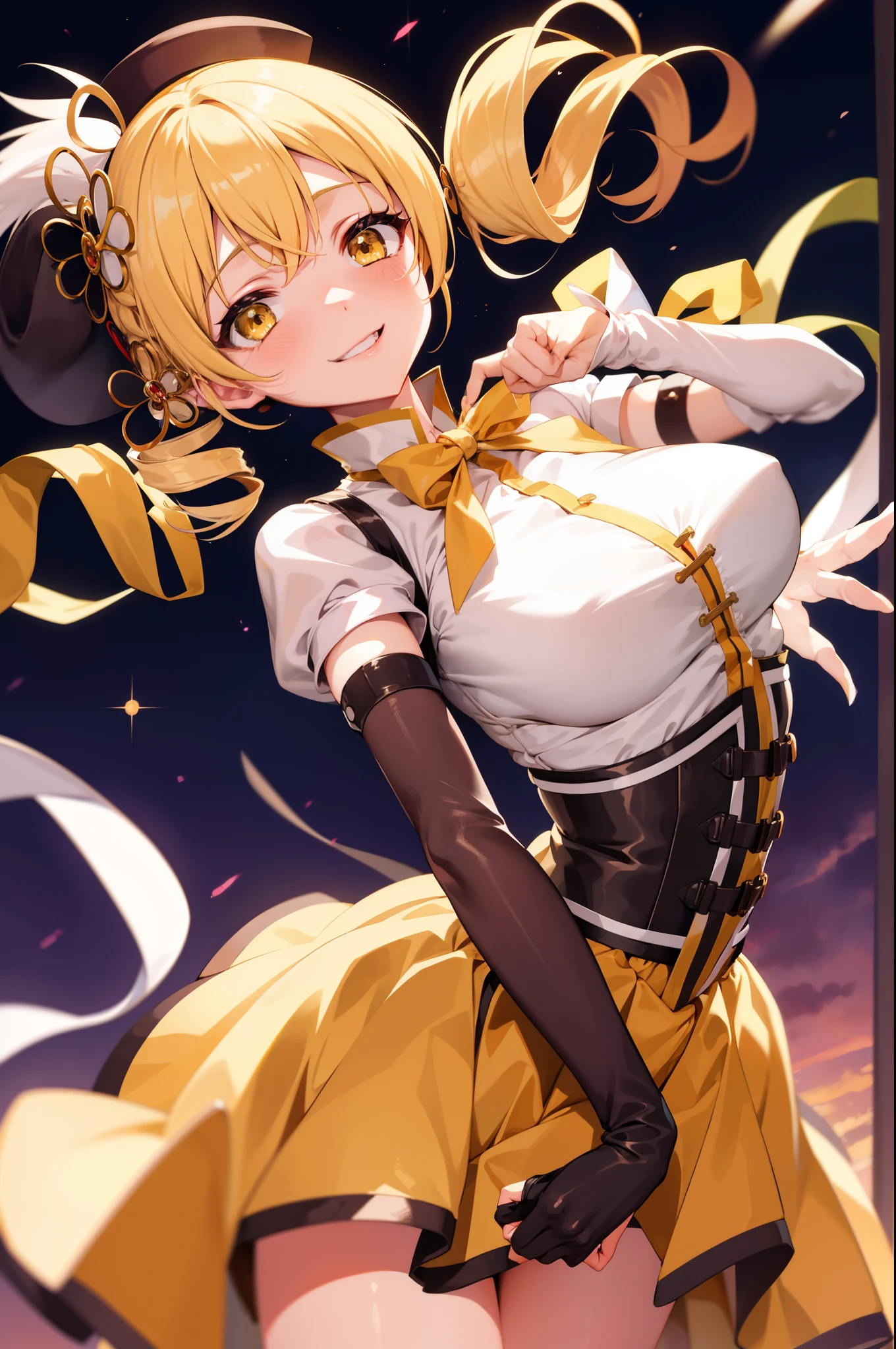 masutepiece, Best Quality, 1girl in, (Mami Tomoe), Blonde hair, Drill Hair, twin drills, (Yellow eyes:1.2), Brown gloves, corsets, Detached sleeves, Fingerless gloves, Smile, hat, magical  girl, Puffy sleeves, striped thigh, Yellow skirt, coverd nippple, breasts, npclearly, obviously no panties, Hidden Private, Partially visible crotch, skyporn, evening, Sunset,