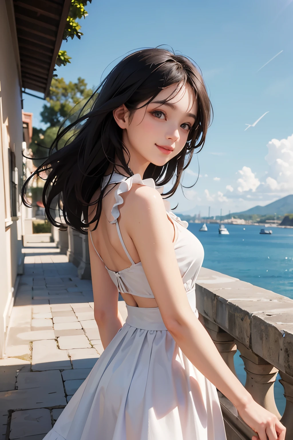 very cute and beautiful girl,teen,white sun dress with detailed frills,(highly detailed beautiful face and eyes:1.2),
walking slopy pathway to hilltop,(sea side Mediterranean cityscape),distant harbor,beautiful summer sky,detailed landscape,
cowboy shot,(smile:1.2),(looking back,from behind),black hair,dynamic angle,looking at viewer,
(best quality,masterpiece:1.2),(intricate details),extremely detailed,highres,
solo,natural lighting,hair fluttering in the wind,ultra-detailed,