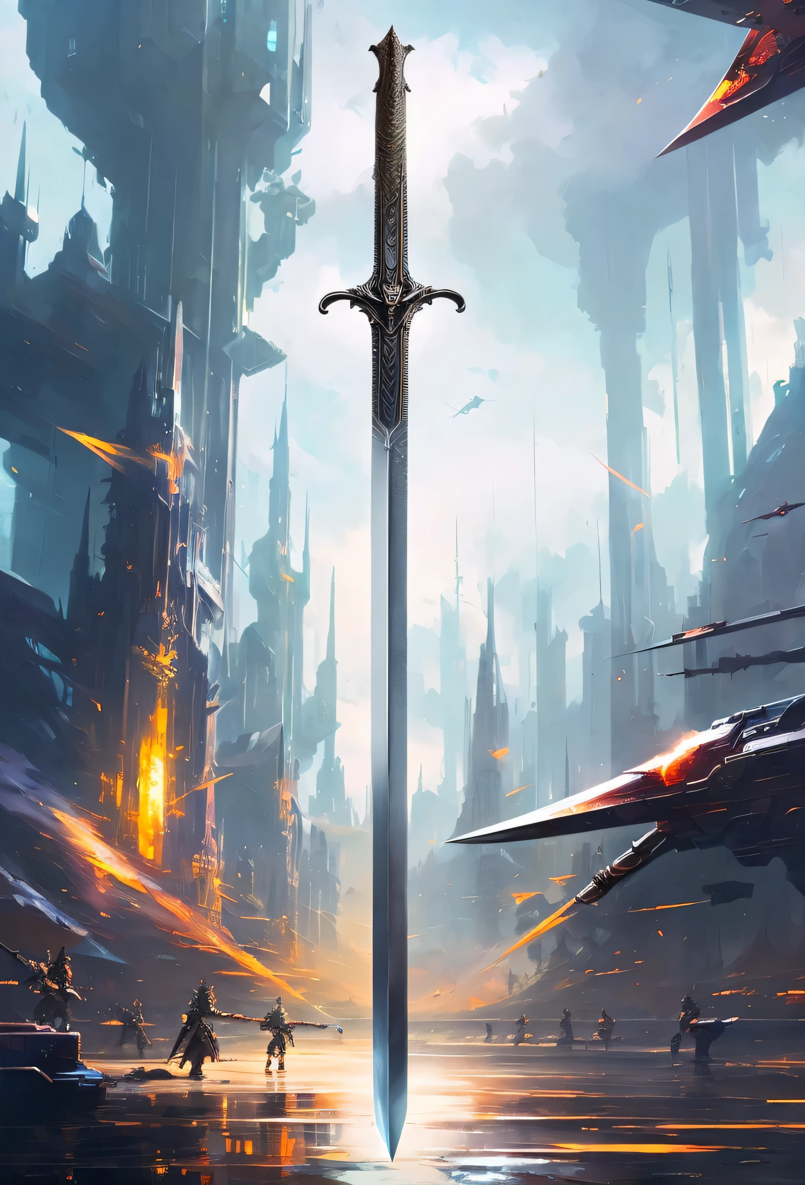 Close-up of sword against sky background, sci-fi sword, beautiful sword, Huge sword, Wielding the Sword of the Future, big sword, Fantasy Sword, Fantasy Sword of warrior, Concept art wallpaper 4K, steel sword, magical sword, paul lehr and beeple, big sword, The legendary sword of technology, epic scifi fantasy art, giant sword