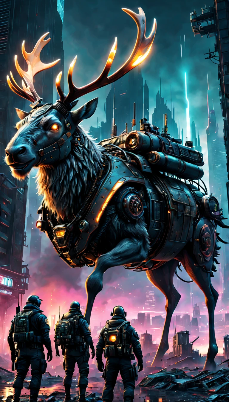 battlefield, futuristic armor, mechanical reindeer, dystopian cityscape, flying sleigh, neon lights, dynamic action, dark and gritty, steampunk, menacing atmosphere, explosive energy, epic scale, vivid colors, detailed textures, intricate machinery, laser weapons, high-tech gadgets, war-torn landscape, towering skyscrapers, post-apocalyptic vibe. (best quality, ultra-detailed, realistic:1.37), HDR lighting