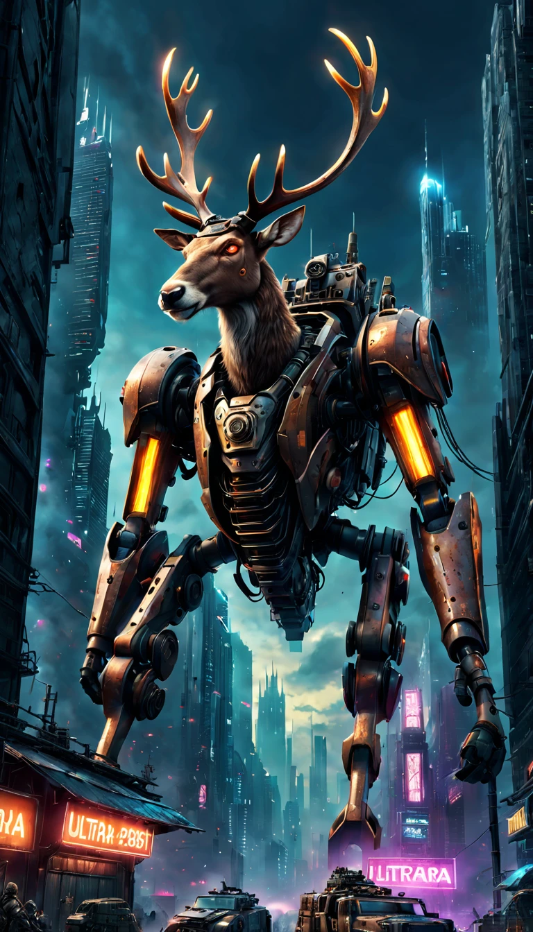 battlefield, futuristic armor, mechanical reindeer, dystopian cityscape, flying sleigh, neon lights, dynamic action, dark and gritty, steampunk, menacing atmosphere, explosive energy, epic scale, vivid colors, detailed textures, intricate machinery, laser weapons, high-tech gadgets, war-torn landscape, towering skyscrapers, post-apocalyptic vibe. (best quality, ultra-detailed, realistic:1.37), HDR lighting