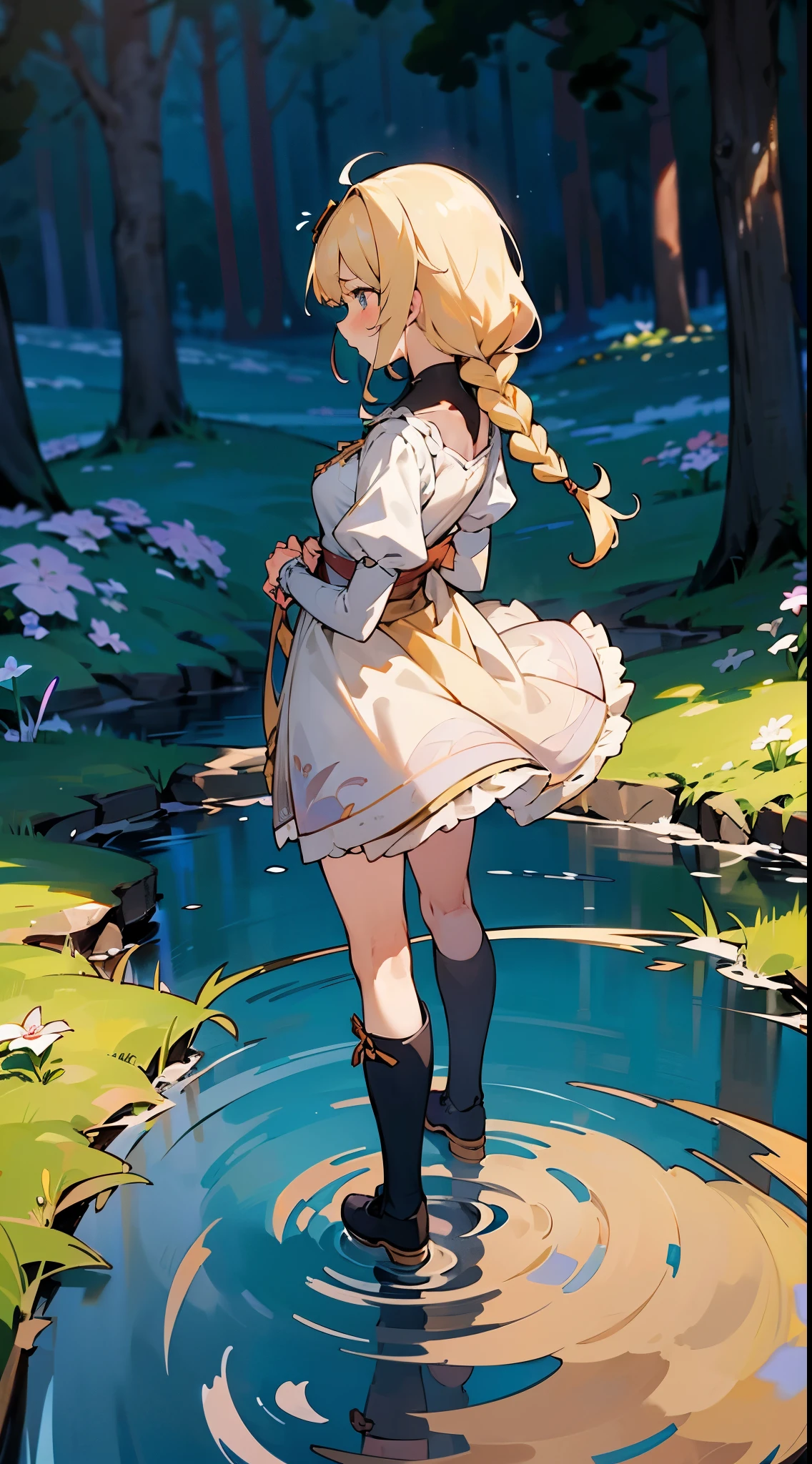 anime styled, The ultra -The high-definition, alice in the wonderland, Super cute girl, ((a blond:1.4)), ((Long:1.4)), shame, Shyness is a shy smile, Light blue fluttering short dress, frilldの付いた白いエプロンスカートを重ねる, frilld, A large white ribbon is tied in the back around the waist of the dress. , B-cup breasts, Light blue fluttering mini skirt, ソックスは爪先から太ももの半ばあたりまである長い白色のknee high, ((knee high:1.4)), and draw the full body, In the forest where bright sunlight shines through, absurd worldview, Her clothes are a little disarrayed and her breasts are exposed., teatsが見えている, ((teats:1.4)), Her skirt is a little disarray and her crotch is visible., 股のFemale genitalsが見えている, ((Female genitals:1.4)), Pee, お漏らししてPeeが股から出て太ももを伝ってチョロチョロと細く流れている, Lying on the ground, lying on one's side, Urine excreted on the ground around the waist forms a small puddle., ((pissing:1.4)), I&#39;m holding out my hand as if to invite you here