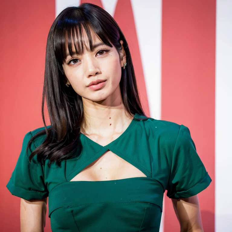 Japanese,(La mejor calidad, 8k, 32K, Obra maestra, UHD:1.2),ultra-high-resolution,Cara altamente detallada,mujer muy linda y hermosa,small breasts,flaco,Esbelto,Parte superior del cuerpo,vestido largo ajustado,solamente,cabello largo y rubio,foto realista,Lisa Blackpink,