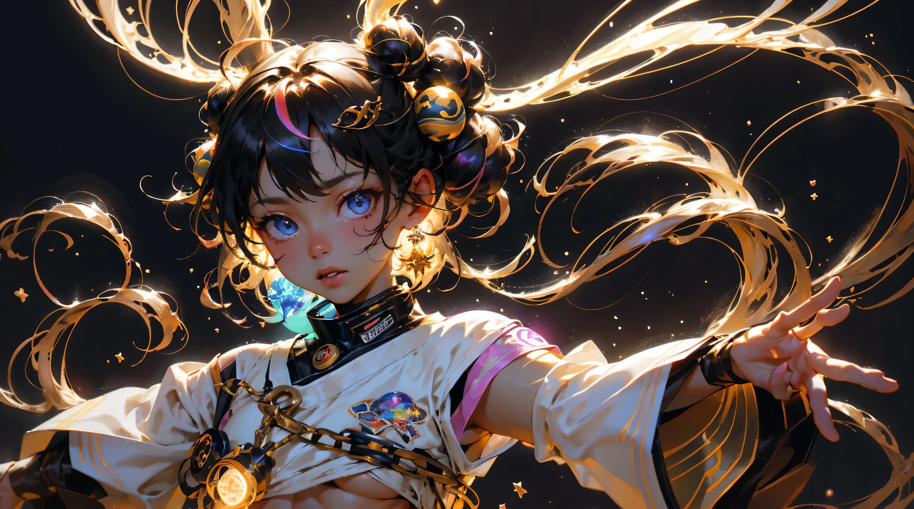 girl, chaotic, rainbow colors, no clothes, fractal brushstrokes, planets space glowing powerballs, cosmic fuzzy style, magical ribbons, power display, zero gravity, master of rainbow color ice, long crystals, extreme abs, exposed body, cute face, golden chains, splash of colors, space buns, neon rainbow color hair, long hair, spaceship, digital technology, sacred, spiritual, wings, cluttered scene, energy orbs. lasers, fiber optic glow strands, led lights,