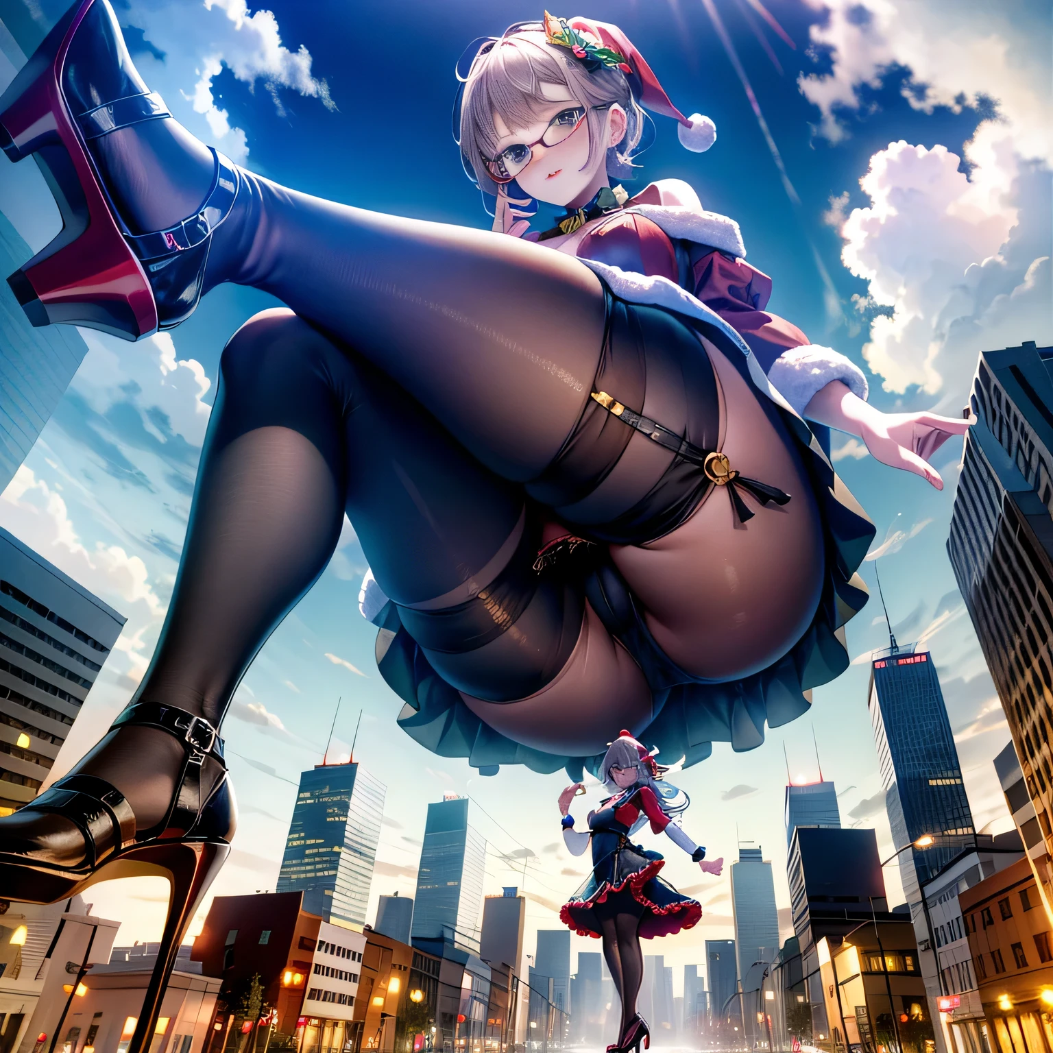 Multiple girls, der riese art, 非常に詳細なder rieseショット, der riese, Shorthair, Giant woman bigger than a skyscraper, Wearing rimless glasses, Colossal tits, Big ass, Red Santa Dresses, Black pantyhose, Her shoes are high heels and stiletto red sandals., very small metropolis, Trying to destroy a miniature metropolis, Full body depiction, nffsw, giga der riese, der riese, Black pantyhose, Stomping City,crash city,Small town,micro city,