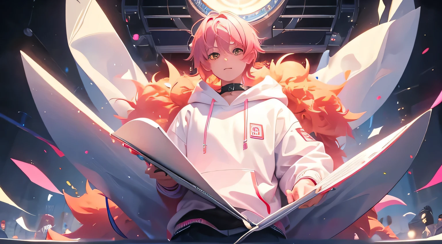 Best Quality, Masterpiece, High Resolution, A age boy with pink hair, orange eyes, wearing a white hoodie