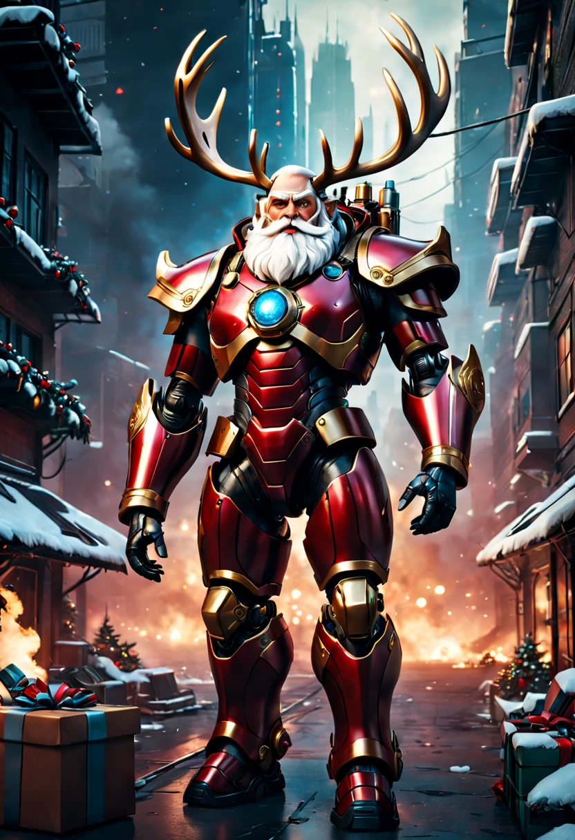 (best quality,4k,highres,masterpiece:1.2),ultra-detailed,(realistic,photorealistic,photo-realistic:1.37),cybernetic Santa Claus,mechanical suit of red and gold armor,glowing blue eyes,hovering sleigh powered by rocket thrusters,intense war-like environment with destroyed buildings and flames,futuristic cityscape in the background,heavy artillery weapons attached to the sleigh,mechanical reindeer replaced by cybernetic creatures with sharp metal antlers,army of robotic elves armed with laser guns and shields,biomechanical enhancements on the Santa Claus character,exploding gift boxes filled with high-tech gadgets,holographic display showing Santa's naughty or nice list,radar and targeting systems integrated into Santa's armor,grim and menacing atmosphere,sci-fi cyberpunk aesthetic,high contrast and desaturated color tones,dramatic and dynamic lighting effects