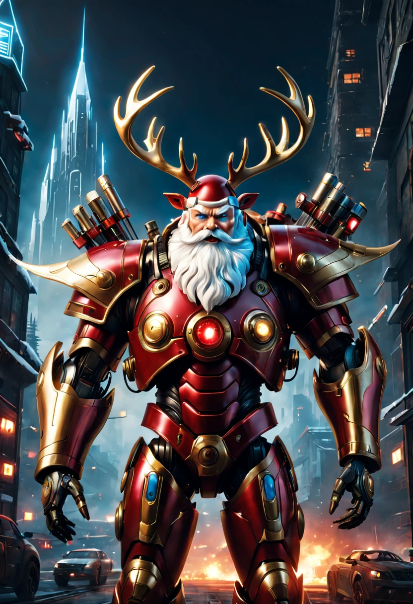 (best quality,4k,highres,masterpiece:1.2),ultra-detailed,(realistic,photorealistic,photo-realistic:1.37),cybernetic Santa Claus,mechanical suit of red and gold armor,glowing blue eyes,hovering sleigh powered by rocket thrusters,intense war-like environment with destroyed buildings and flames,futuristic cityscape in the background,heavy artillery weapons attached to the sleigh,mechanical reindeer replaced by cybernetic creatures with sharp metal antlers,army of robotic elves armed with laser guns and shields,biomechanical enhancements on the Santa Claus character,exploding gift boxes filled with high-tech gadgets,holographic display showing Santa's naughty or nice list,radar and targeting systems integrated into Santa's armor,grim and menacing atmosphere,sci-fi cyberpunk aesthetic,high contrast and desaturated color tones,dramatic and dynamic lighting effects
