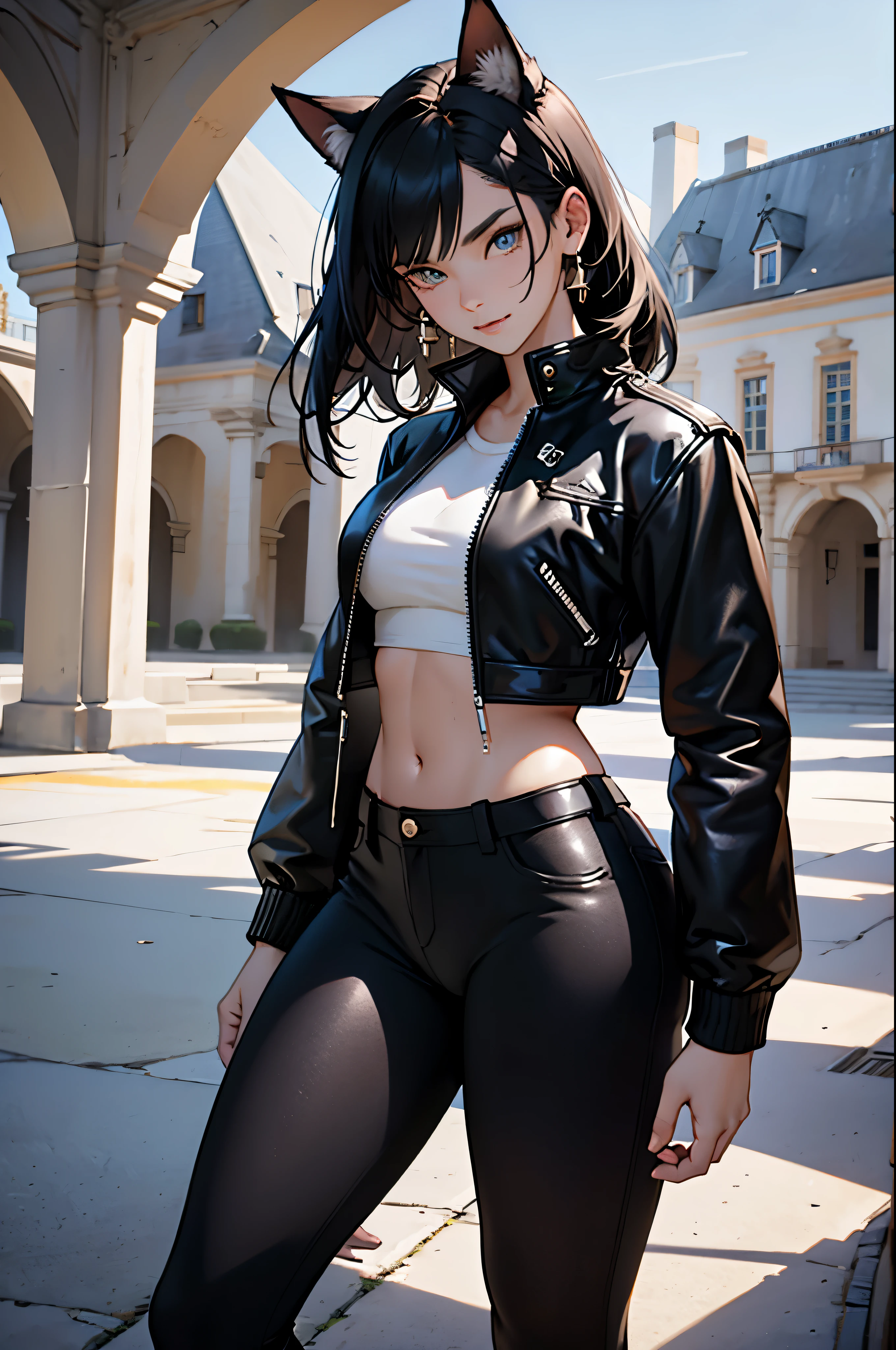 beautiful young female warrior fighter with cat ears on her head, com rosto bem detalhado e bonito, belos olhos, belos olhos, rosto lindo, beautiful young woman wearing long black leggings with black details, mini saia curta, usando jaqueta de couro preta, standing in a castle, usando bota preta, cabelo comprido com franja preto, ,orelhas de gato, belo sorriso, tomboy, um pouco musculosa,suter branco com cinta em volta, olhar serio,usando jaqueta de couro preto, com ombreiras de prata nos ombros, leather jacket