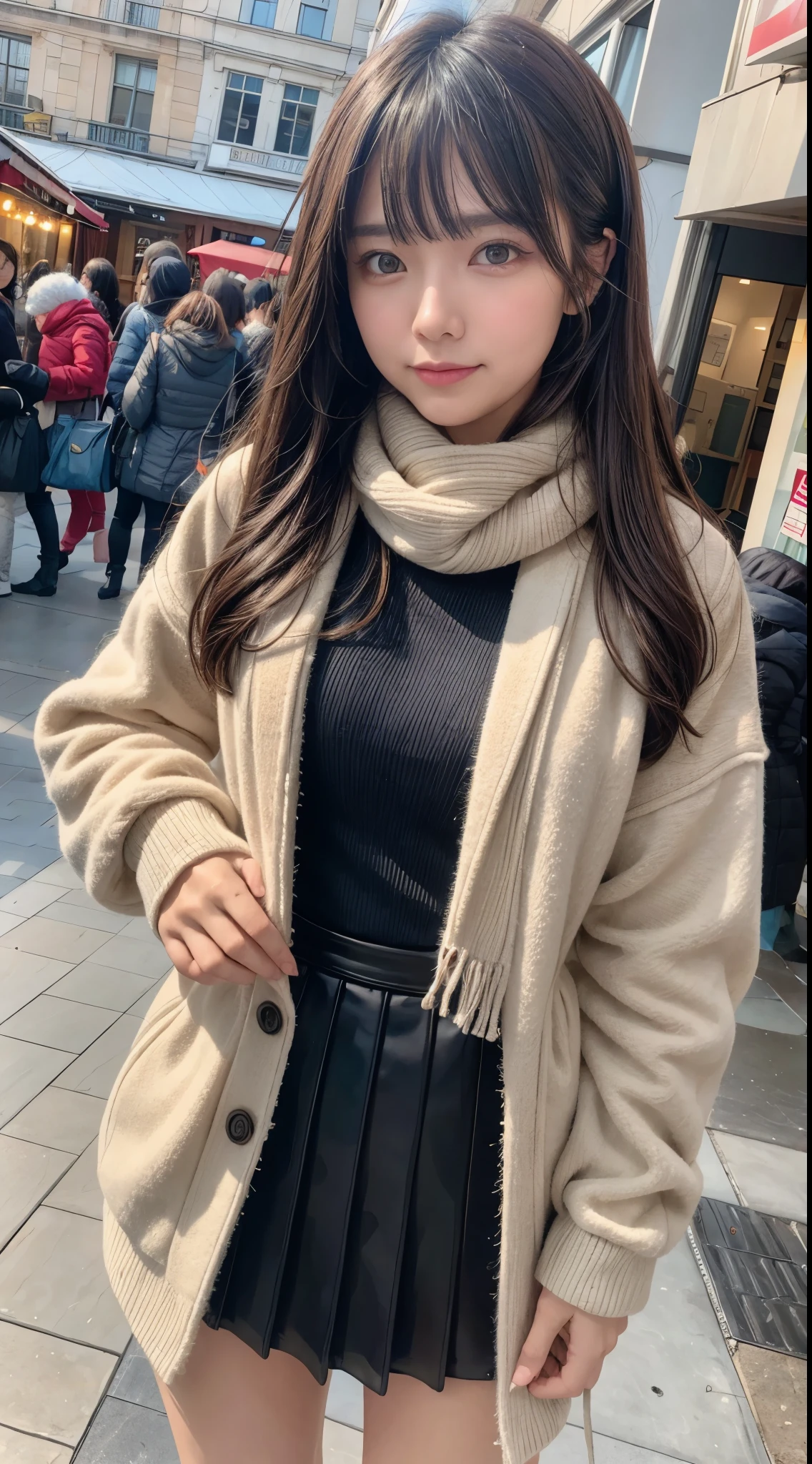 (8k,masterpiece, RAW photo,best quality:1.4),(photo realistic:1.2),(extremely detailed face),(shiny skin),(detailed skin),(detailed face),(extremely beautiful face),1girl,looking at viewer,Japanese idle(actress), brown hair,medium hair,straight hair,asymmetrical bangs,smile,glamor,large breasts, (Fleece jacket, turtleneck sweater, Pleated skirt, scarf:1.3) ,christmas market,high position,natural lighting