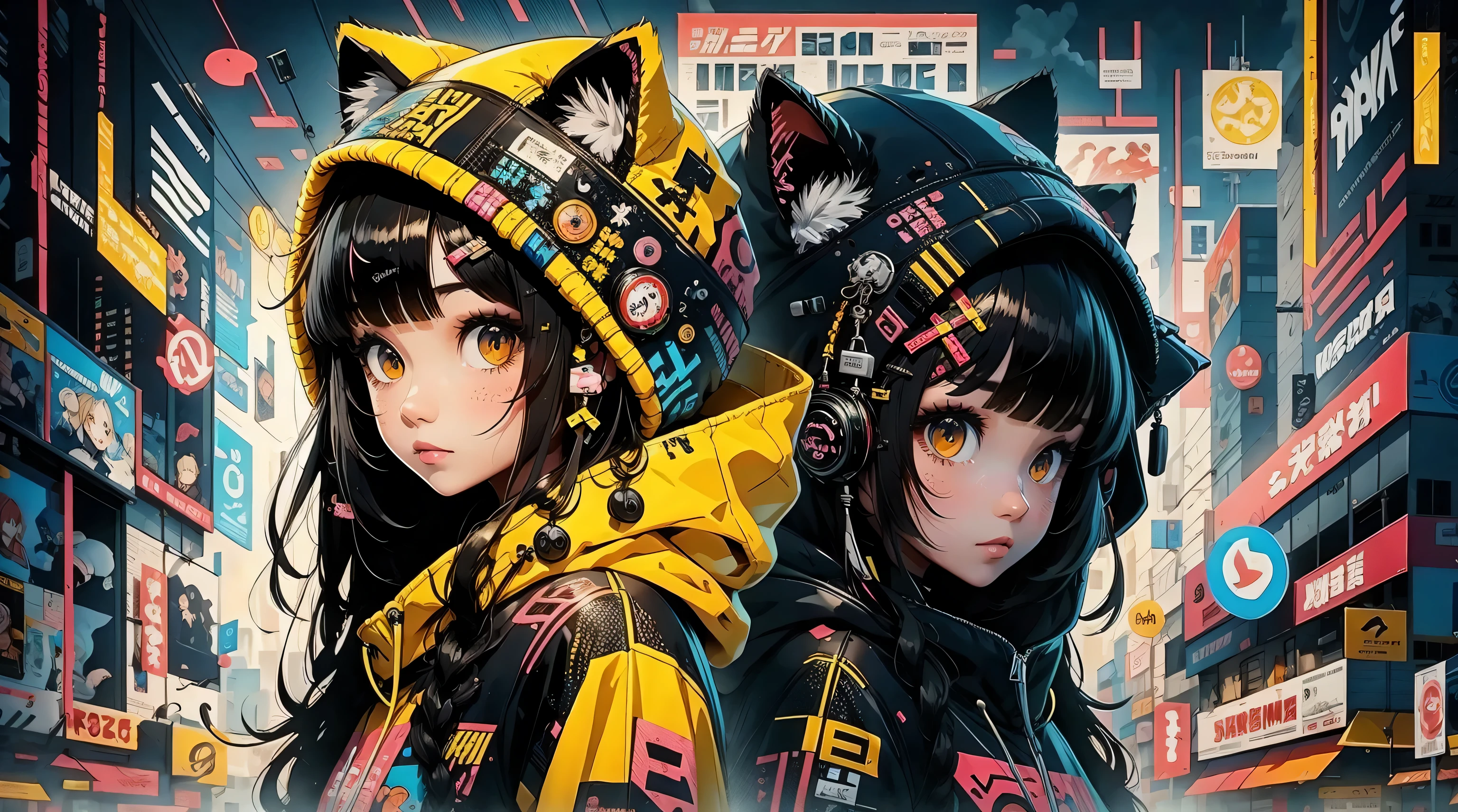 anime girl with black hair and a cat hat, anime style illustration, moe artstyle, wallpaper 8 k, digital illustration, beautiful catgirl, she wears a hoodie with animal ears and technowear technology, futuristic fashion in black and holographic colors, many details and buttons on it, cables coming out of the sleeves, the background is that of a  pattern with cat motifs and paws