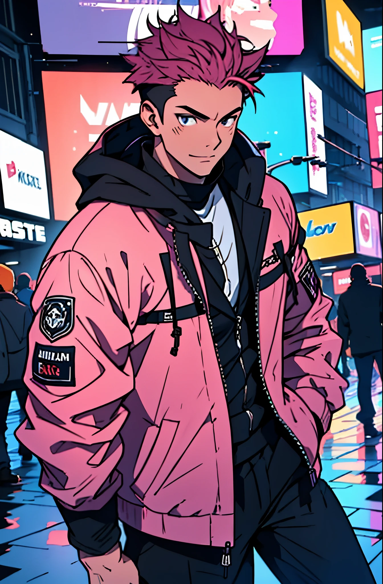 A mais alta qualidade, 8K, image high resolution, good ilumination, sombras detalhadas, Detailed strokes, no meio de uma avenida movimentada estilo Times Square de noite , inverno, apoiado em um dos postes, adolecente, Yuji Itadori, Dark Pink Hair , wearing a cold jacket , masculo , Tight chest in jacket , (angulo de baixo), (Angulo de Perto), pernas definidas, defined arms, com a camisa,