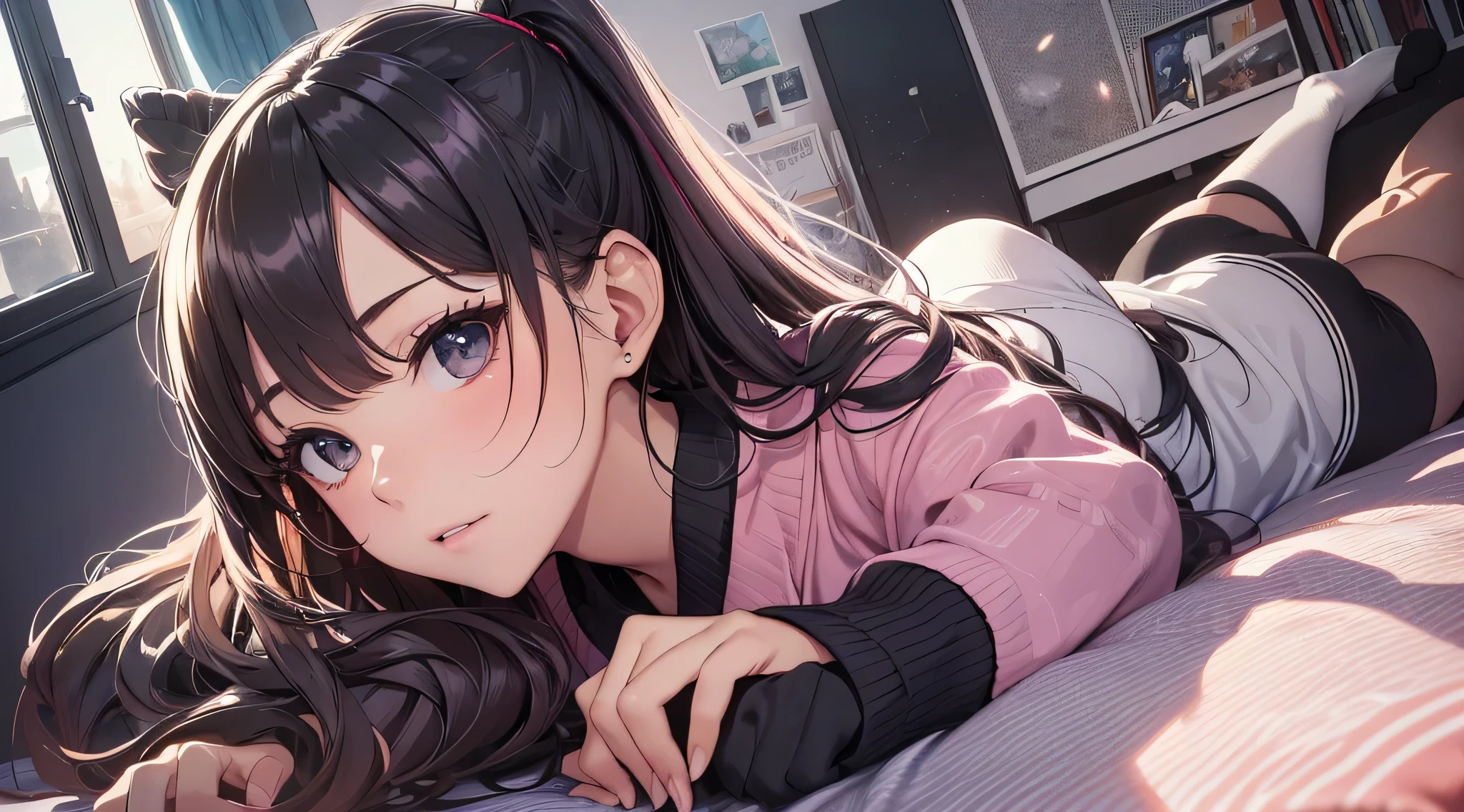 top-quality、Top image quality、masterpiece、 girl((Black pajamas、18year old、 Ager、Best Bust、big bast,Black eyes, Black hair、A slender,Large valleys、Gal style、Missing、Unkempt hair、)),hiquality、Beautiful Art、Background with((Nice and clean room.、futon bedding、animal stuffed、pink walls))masterpiece、depth of fields,Cinematic style