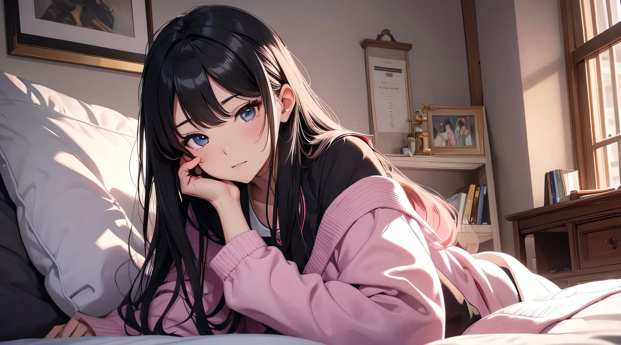 top-quality、Top image quality、masterpiece、Teenage girl((Black pajamas、18year old、 Ager、Best Bust、big bast,Black eyes, Black hair、A slender,Large valleys、Gal style、Missing、Unkempt hair、)),hiquality、Beautiful Art、Background with((Nice and clean room.、futon bedding、animal stuffed、pink walls))masterpiece、depth of fields,Cinematic style