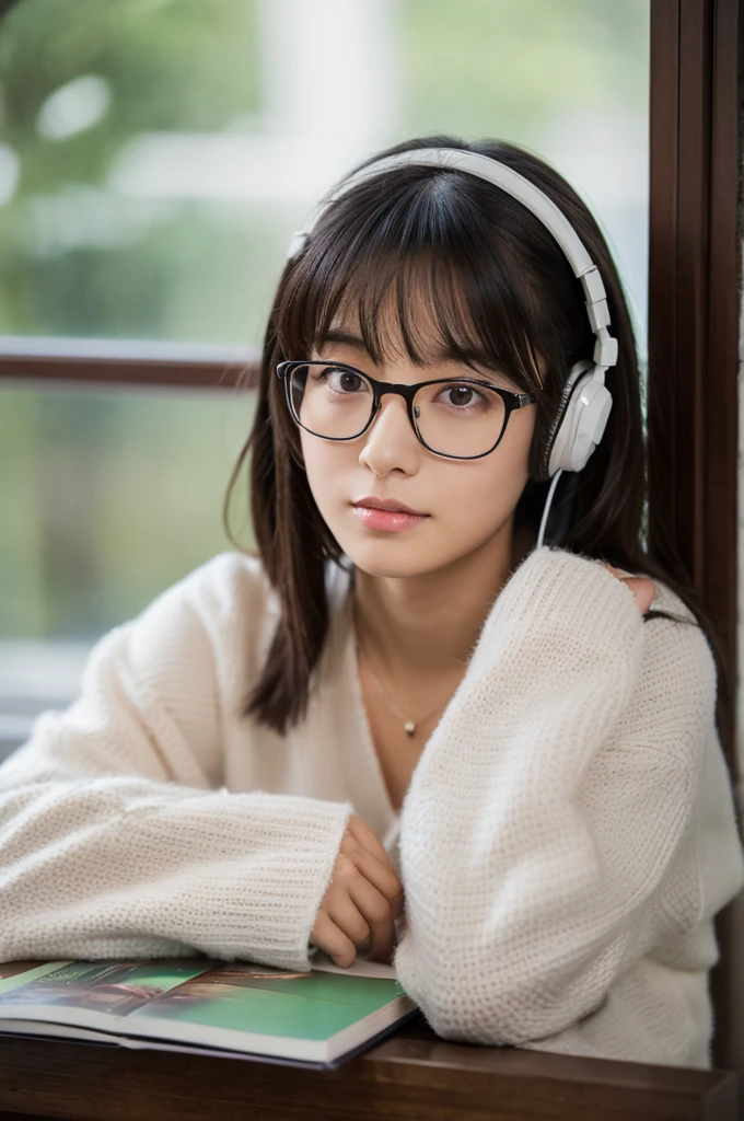 masutepiece, Best Quality, japanaese girl,1girl in, 8K, Raw photo, top-notch quality, masutepiece, nffsw:1.2, exceptionally detailed RAW color photo, professional-grade photograph, (Realistic, Photorealistic:1.37), (highly detailedskin:1.2), Ultra-high resolution, (lenz 50mm), (F/1.2),Exquisitely Detailed Eyes, break 24 years old, dark hair, long hair, glasses, own room, wearing headphones, studying, studying by window, night view through window, white beautiful skin, knit, (eye avert:1.1)