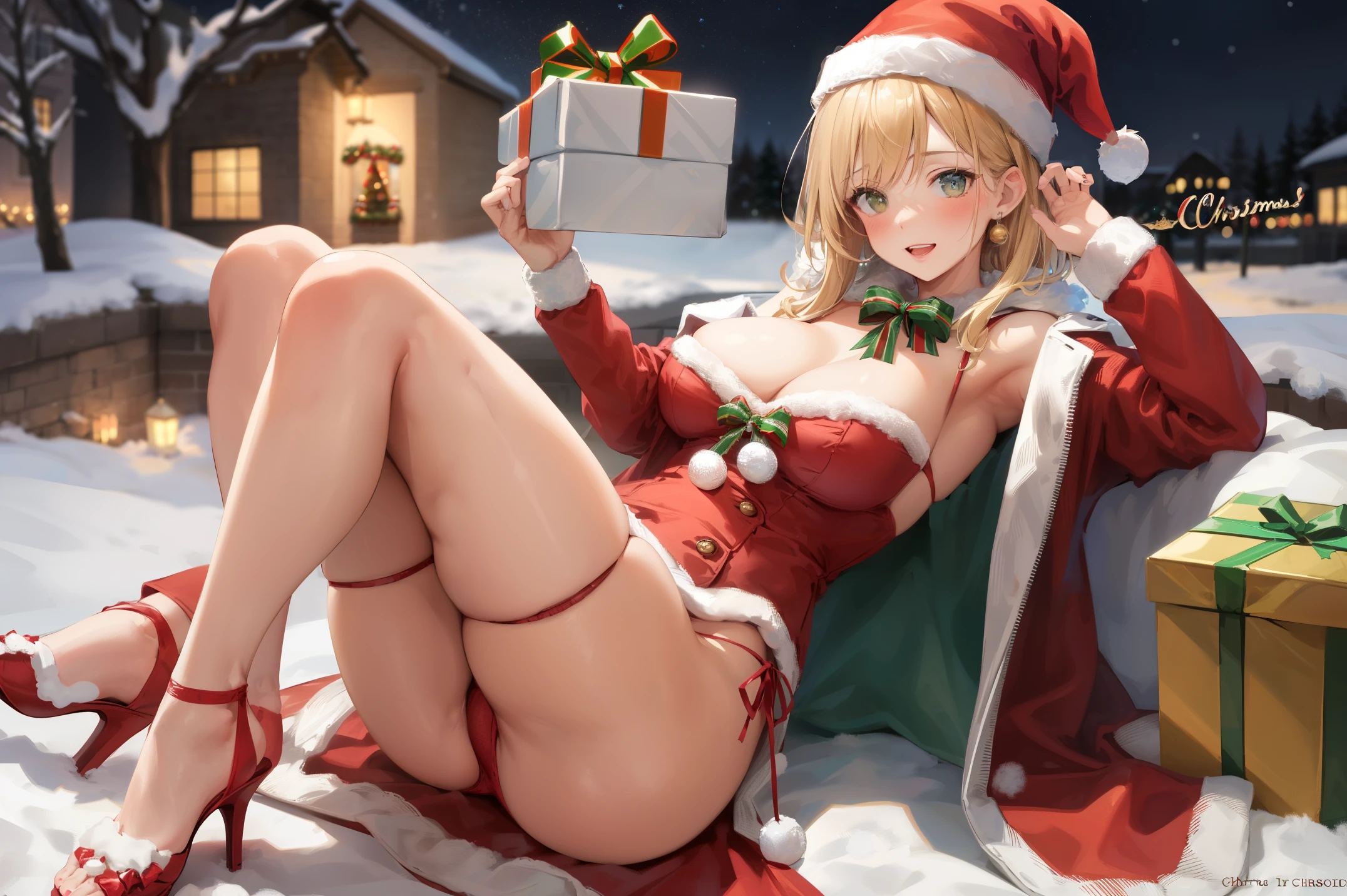 mujer rubia , pelo largo rubio , rubia , cuerpo completo , grandes tetas, gran trasero, voluptuoso, piernas abiertas , pose sexy , escote , Christmas hat , Christmas Clothes, nieve , christmas lingerie, christmas coat , christmas stockings , christmas heels